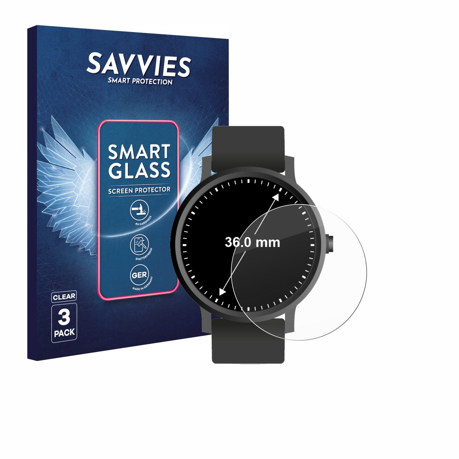 Savvies Displayschutzglas Schutzglas Panzer für Armbanduhren (Kreisrund, ø: 36 mm), 3 Stück, Schutzfolie Display Schutz Glas Folie klar