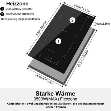 OKWISH Doppel-Induktionskochplatte 2 Zonen Einbau Induktionskochfeld Induktion Kochfeld Elektrokochfeld, 9 Heizstufe 3500W ohne Stecker Kindersicherung Touch Brückenzone 52x29