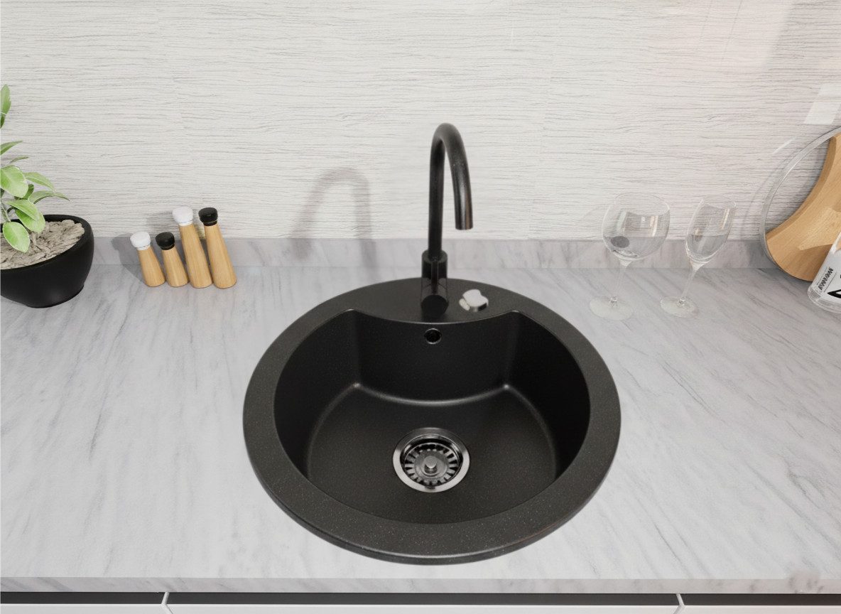 Faizee Möbel Granitspüle Granitspüle Küchenspüle mit Siphon Einbauspüle verschiedene Modelle, Rund, 49/49 cm