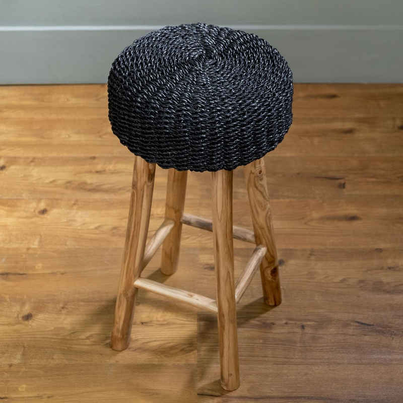 wohnfreuden Hocker Barhocker BANE 70 cm aus Teakholz und Kunstfaser schwarz, 30669