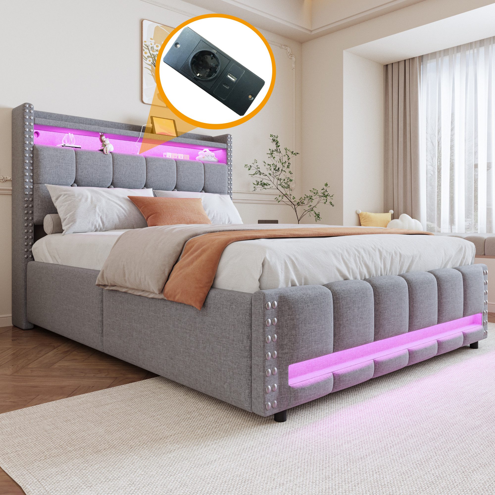 Flieks Polsterbett, LED Hydraulisches Stauraumbett Doppelbett günstig online kaufen