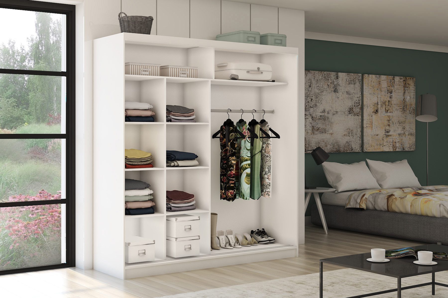 ALTDECOR Schiebetürenschrank CELI (Kleiderschrank Garderobenschrank mit viel Stauraum Moderner Schrank) Spiegel Spiegeltüren Vielseitiger Schwebetürenschrank LED Beleuchtung