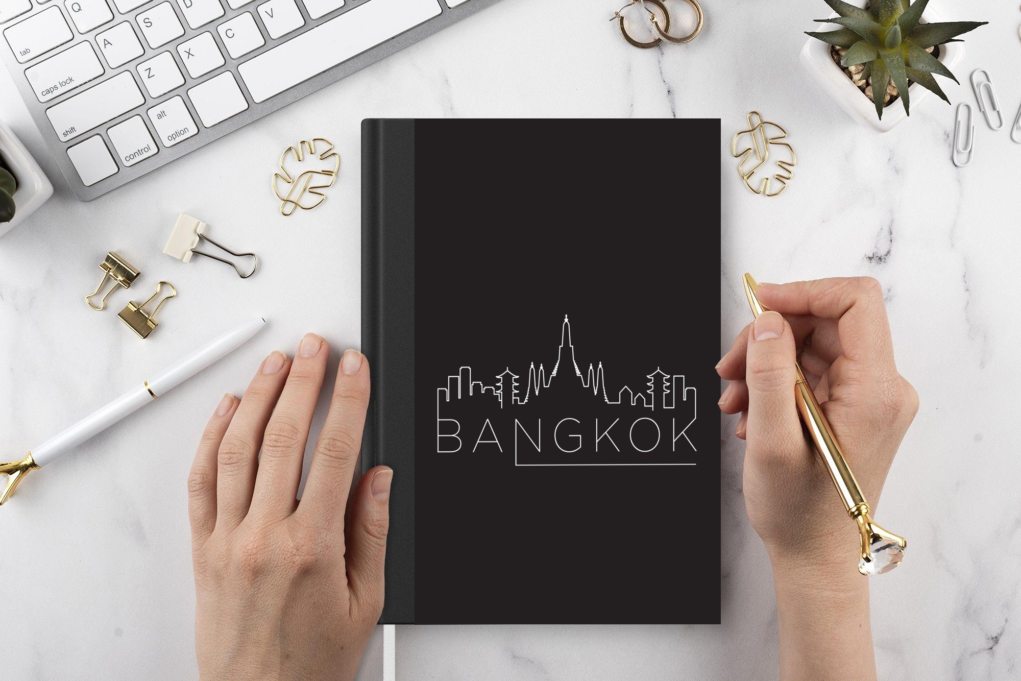 A5, Journal, Notizbuch Tagebuch, 98 "Bangkok" Haushaltsbuch Skyline MuchoWow weiß schwarz, Notizheft, auf Merkzettel, Seiten,