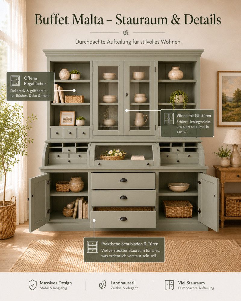 Wohnpalast Buffet Landhaus Buffet Schrank Malta Ladenschrank Zementgrau 200 cm