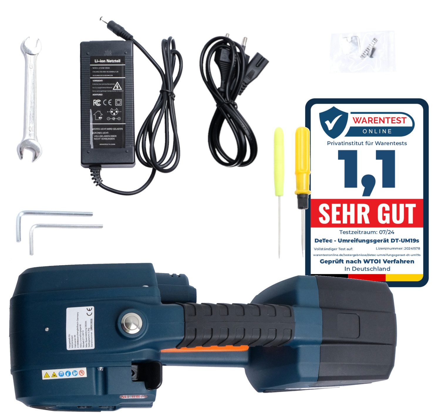 DeTec. Elektrowerkzeug-Set DT-UM19 Handumreifungsgerät mit Akku für Kunststoffbänder (PE und PP), Bandspanner, Handumreifer mit 1x 4,0 A/H Li-Ionen Akku