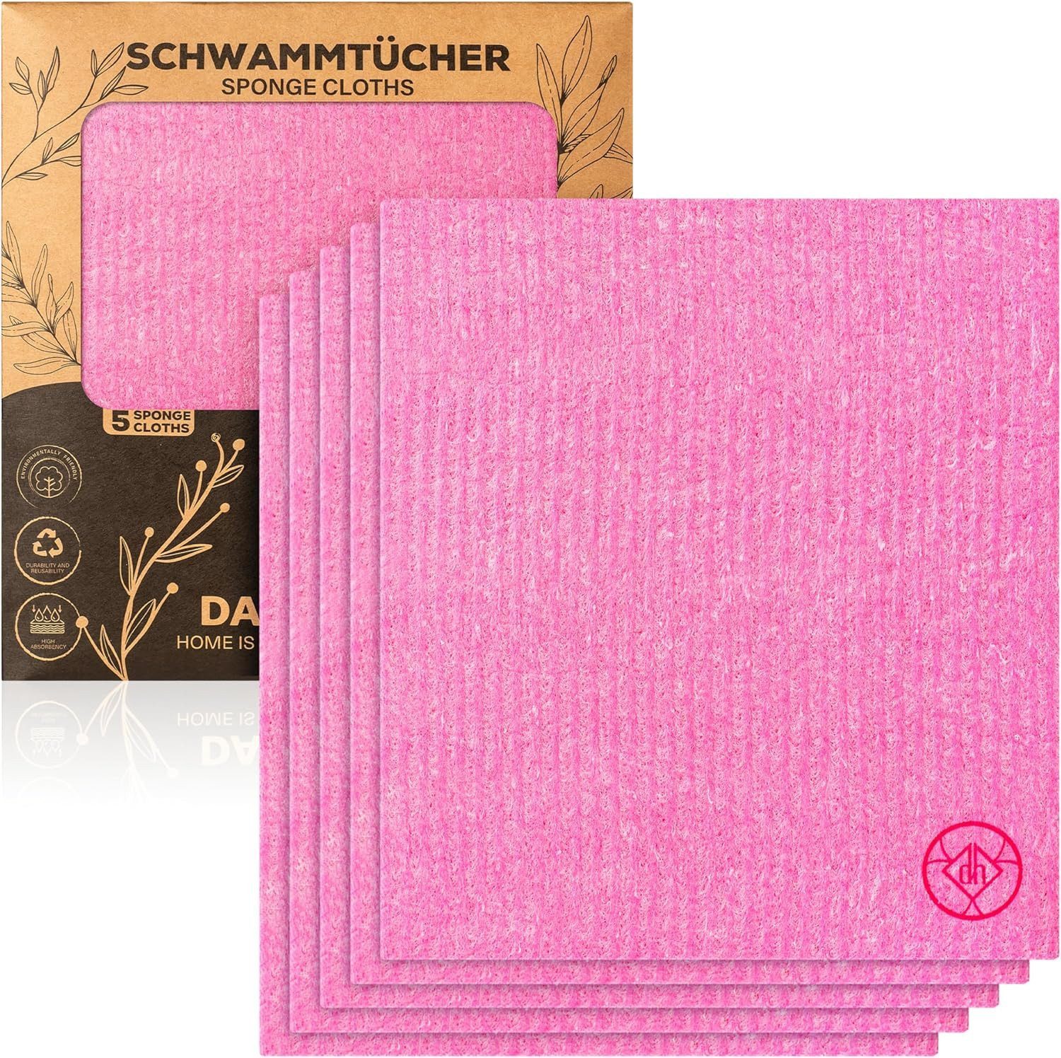 DANIHOME Schwammtuch EcoClean Schwammtücher Pink – verantwortungsvoll & saugstark öko, -freundlich, waschbar & vielseitig einsetzbar für Küche, Bad, Haushalt