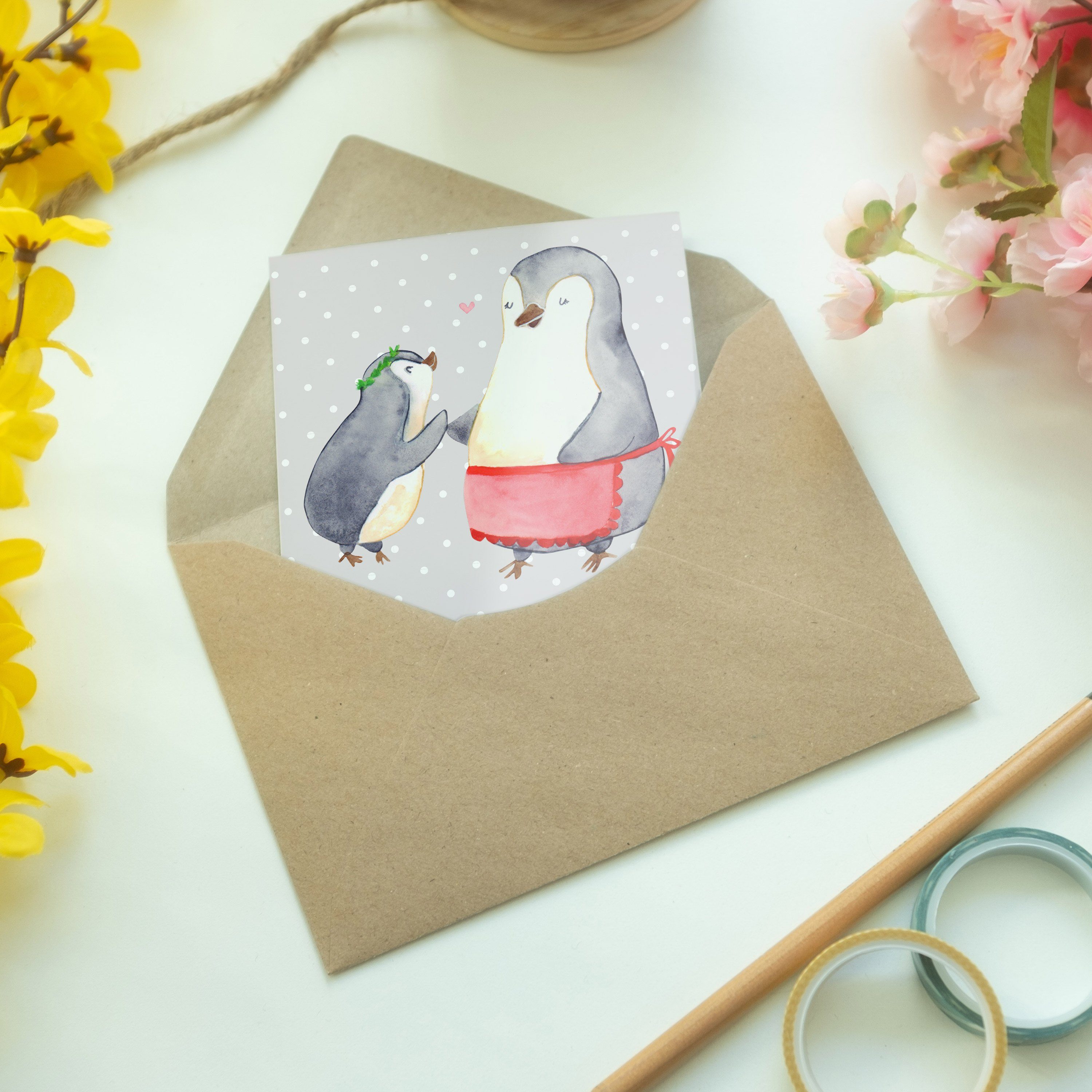 Mr. & Mrs. Panda Grußkarte Pinguin Beste Mutti der Welt - Grau Pastell - Geschenk, Hochzeitskart