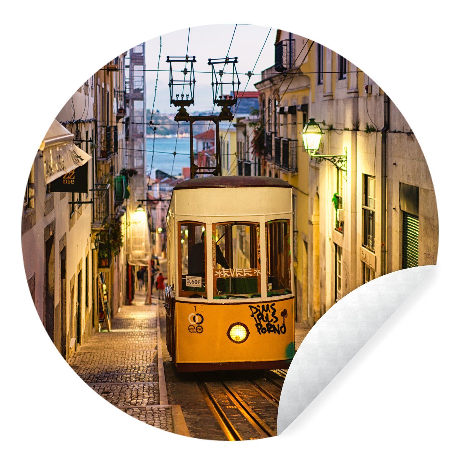 MuchoWow Wandsticker Die Seilbahn einer Lissabon in Rund, Nacht St), Kinderzimmer, bei Wohnzimmer für Tapetenkreis Straßenbahn Tapetenaufkleber, (1