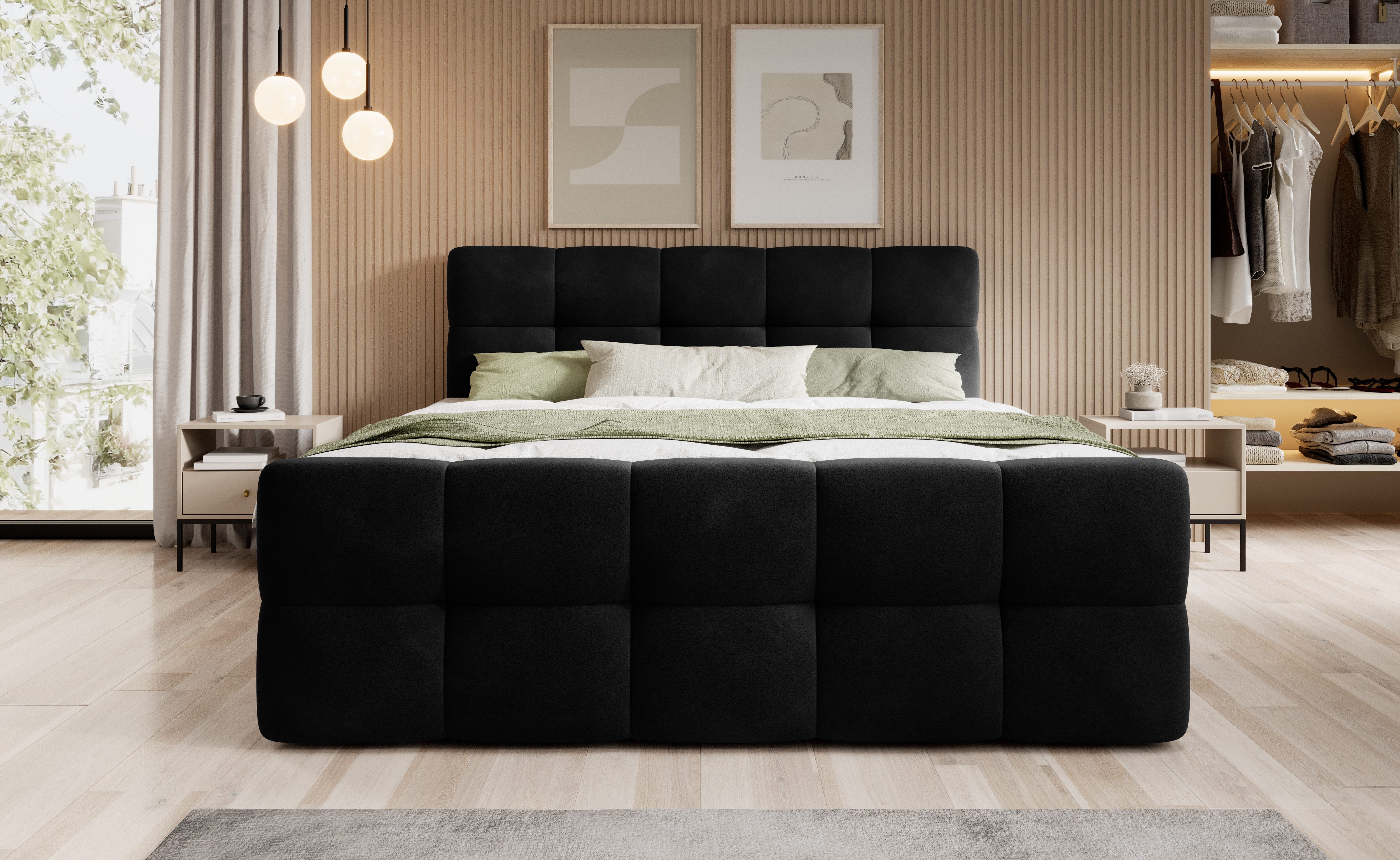 thematys Boxbett mit Bettkasten 140x200–200x200 cm – Velours oder Bouclé Bezug – (Polsterbett Bonnellfederkern Matratze H3 + Gratis 3cm Topper, Boxbett - Luxus Doppelbett mit Stauraum)