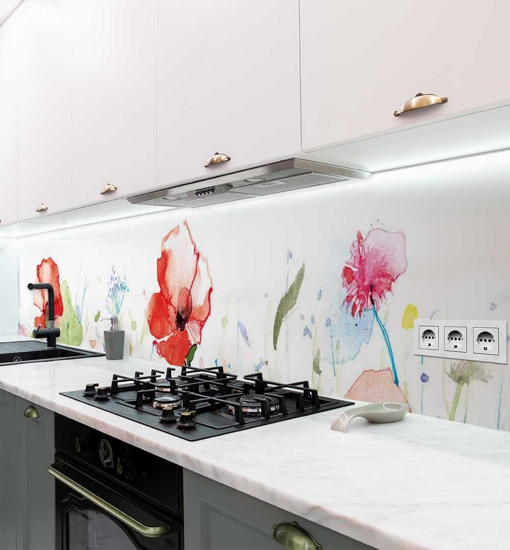 MyMaxxi Küchenrückwand Küchenrückwand selbstklebend Aquarell gemaltes Blumenfeld Folie, (Klebefolie passend geschnitten und gerollt B 60 cm x H 60 cm), Wasserfarben Blumenfeld B 60 cm x H 60 cm