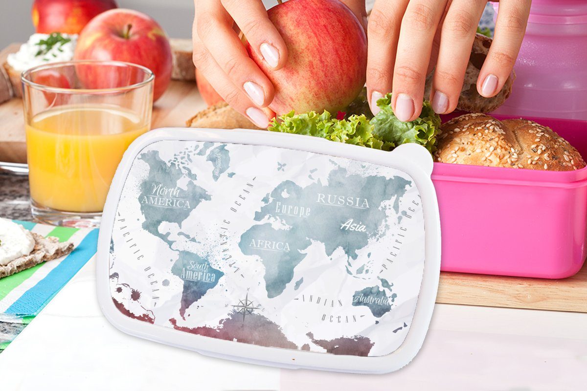 MuchoWow Lunchbox Weltkarte - Brotbox für Erwachsene, Brotdose Farbe rosa - Snackbox, Kunststoff Mädchen, Kunststoff, (2-tlg), Topographie, Kinder
