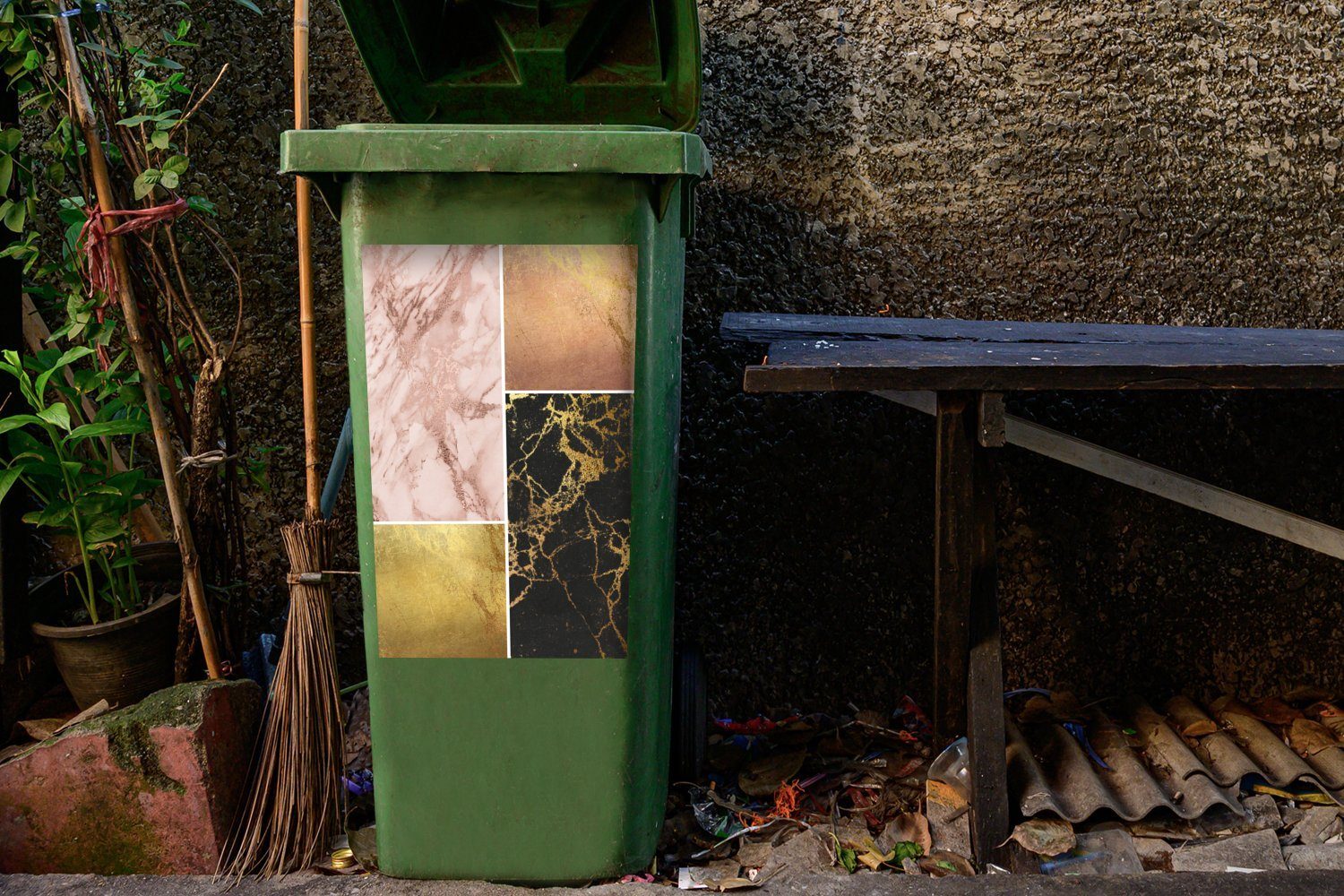 Collage - Mülltonne, MuchoWow St), Mülleimer-aufkleber, Marmor - Container, Wandsticker Gold Abfalbehälter (1 Sticker,