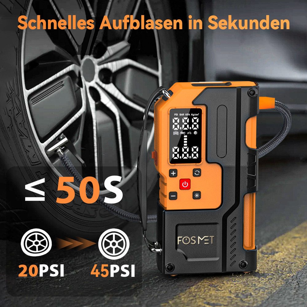 FOSMET 7000A 12V Jump Starter Power Bank with 150PSI Compressor & Smart Clamps Car Battery Charger (Car Jump Starter with LCD Screen and 800 Lumen Emergency Light, 26800mAh Jump Starter Power Bank for all Petrol & 10L Diesel with USB & DC)