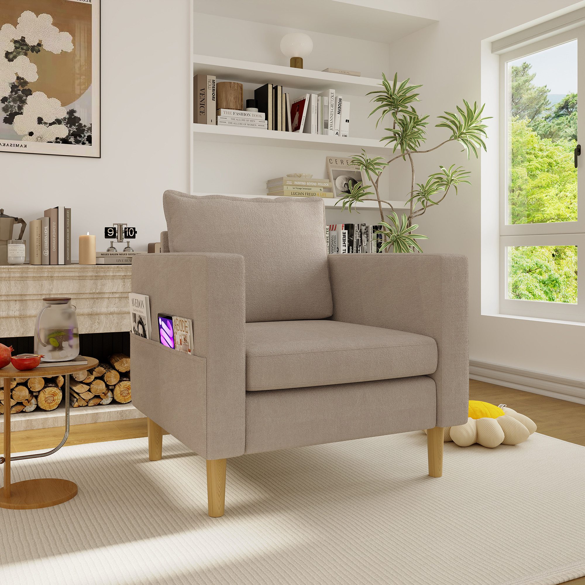 STILVORA Loungesofa mit Aufbewahrungstasche einsitziger Freizeitstuhl mit Kissen khaki, Relaxsofa mit bequemem Kissen und Seitentaschen, ideal für Innenräume im nordischen Stil und Leseecken