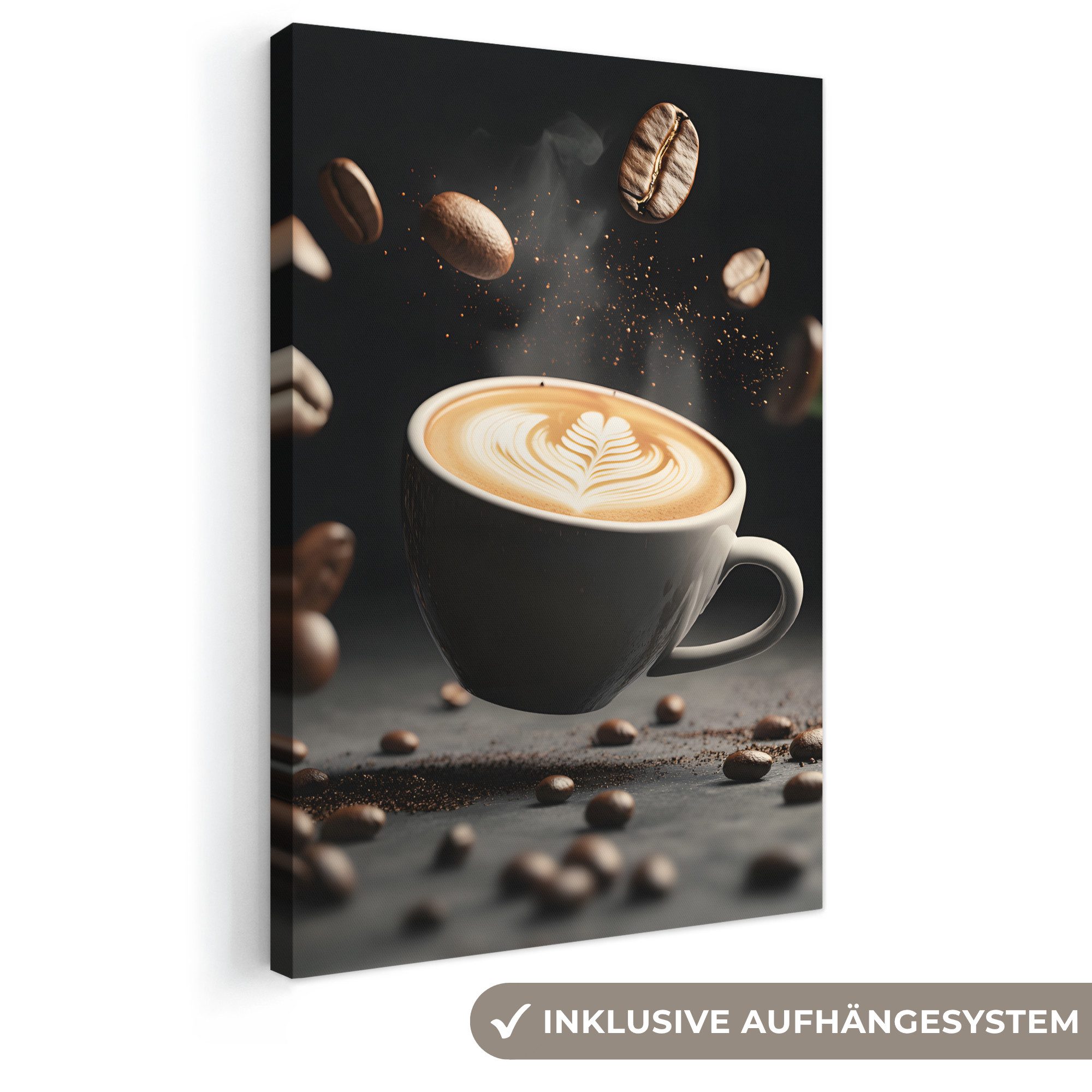 OneMillionCanvasses® Leinwandbild Cappuccino - Tasse - Bohnen - Braun, Fotodruck (1 St), Wandbilder für Esszimmer, Wanddeko Bilder Küche, 20x30 cm