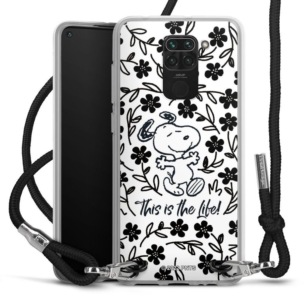 DeinDesign Handyhülle Peanuts Blumen Snoopy Snoopy Black and White This Is The Life, Xiaomi Redmi Note 9 Handykette Hülle mit Band Case zum Umhängen