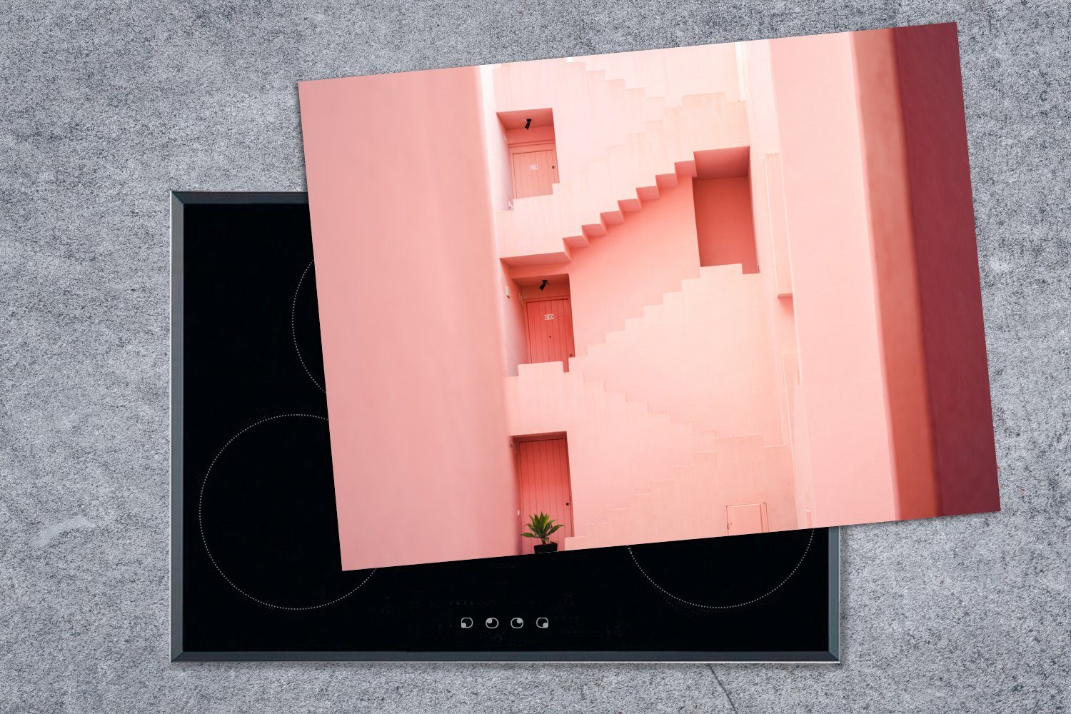 Herdblende-/Abdeckplatte 70x52 cm, nutzbar, Mobile MuchoWow Vinyl, Rosa (1 - - Architektur Arbeitsfläche tlg), - Ceranfeldabdeckung Treppe Haus,