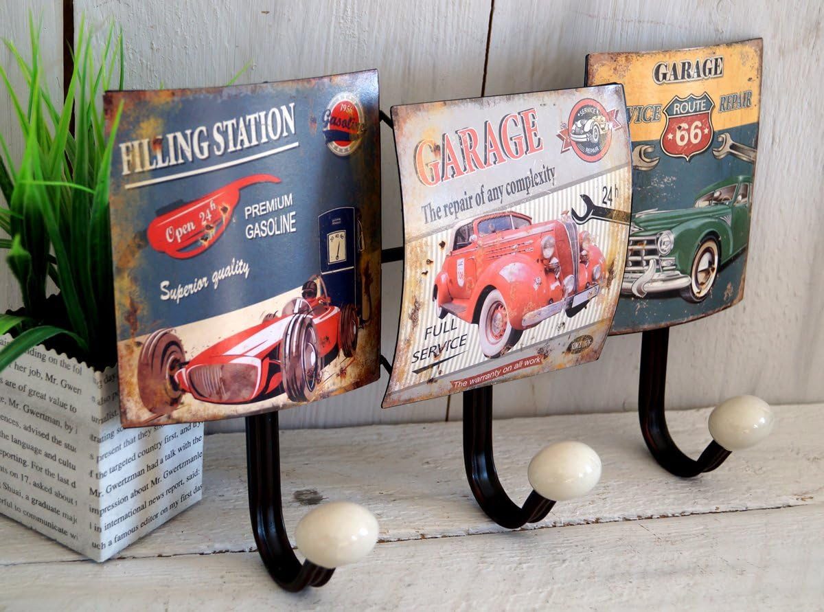 LB H&F Lilienburg Garderobenhaken Garderobenhalter Garderobe Kleiderhaken Wandhaken Auto (Küchenhaken Geschenk Idee Papa Geburtstag Küchengarderobe Metall Deko Garage Werkstatt Cars Retro Blechschild Shabby Vintage Nostalgie Pin up Girl Wandbild AUTO G, industrial nostalgisch Gaderobenleiste Hakenleiste), Wandgarderobe Haken Halter Jacken Bar Deko