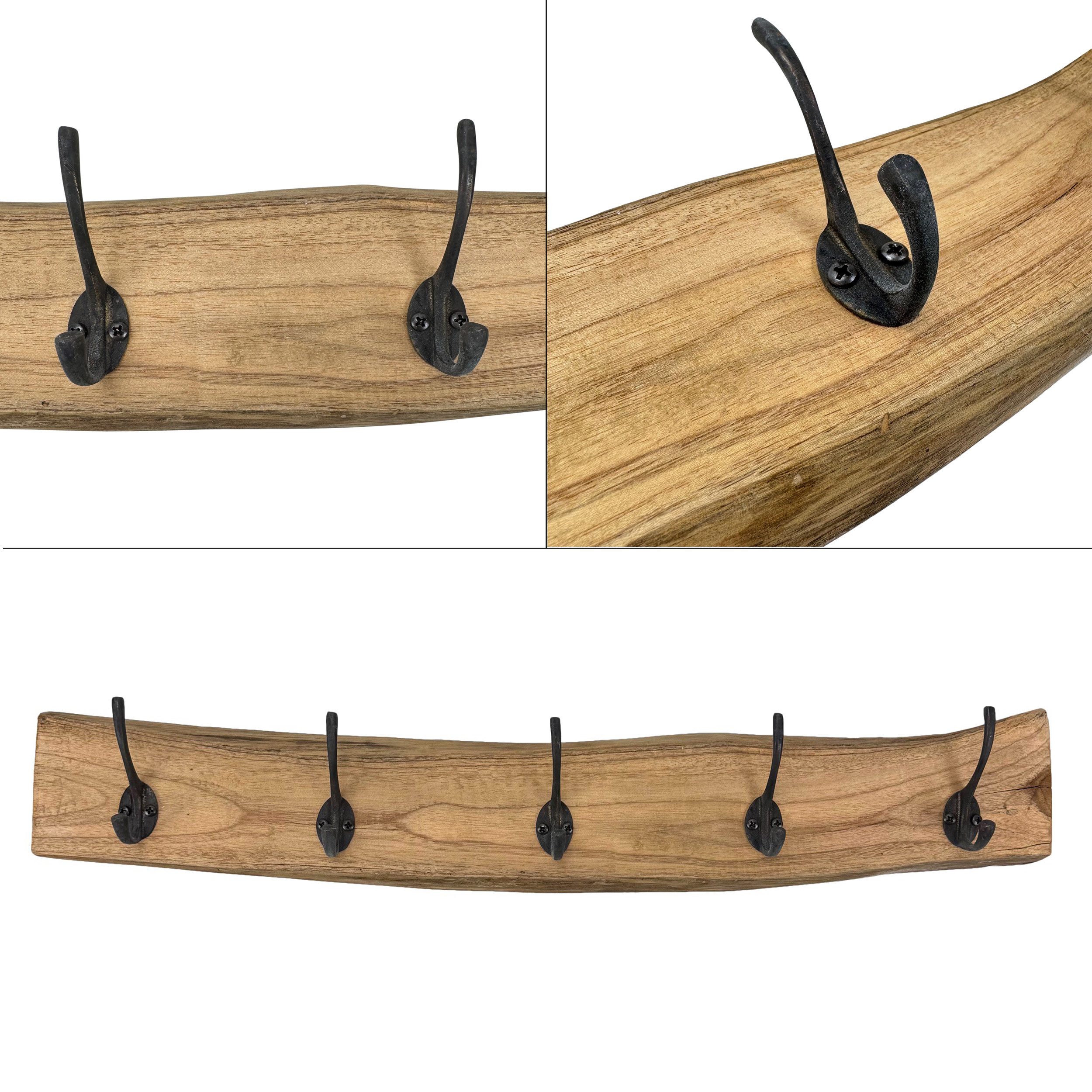 Online-Fuchs Шкафыleiste aus Teak Holz mit 5 Metallhaken im Vintage Look (schwarze Haken), Wandgarderobe
