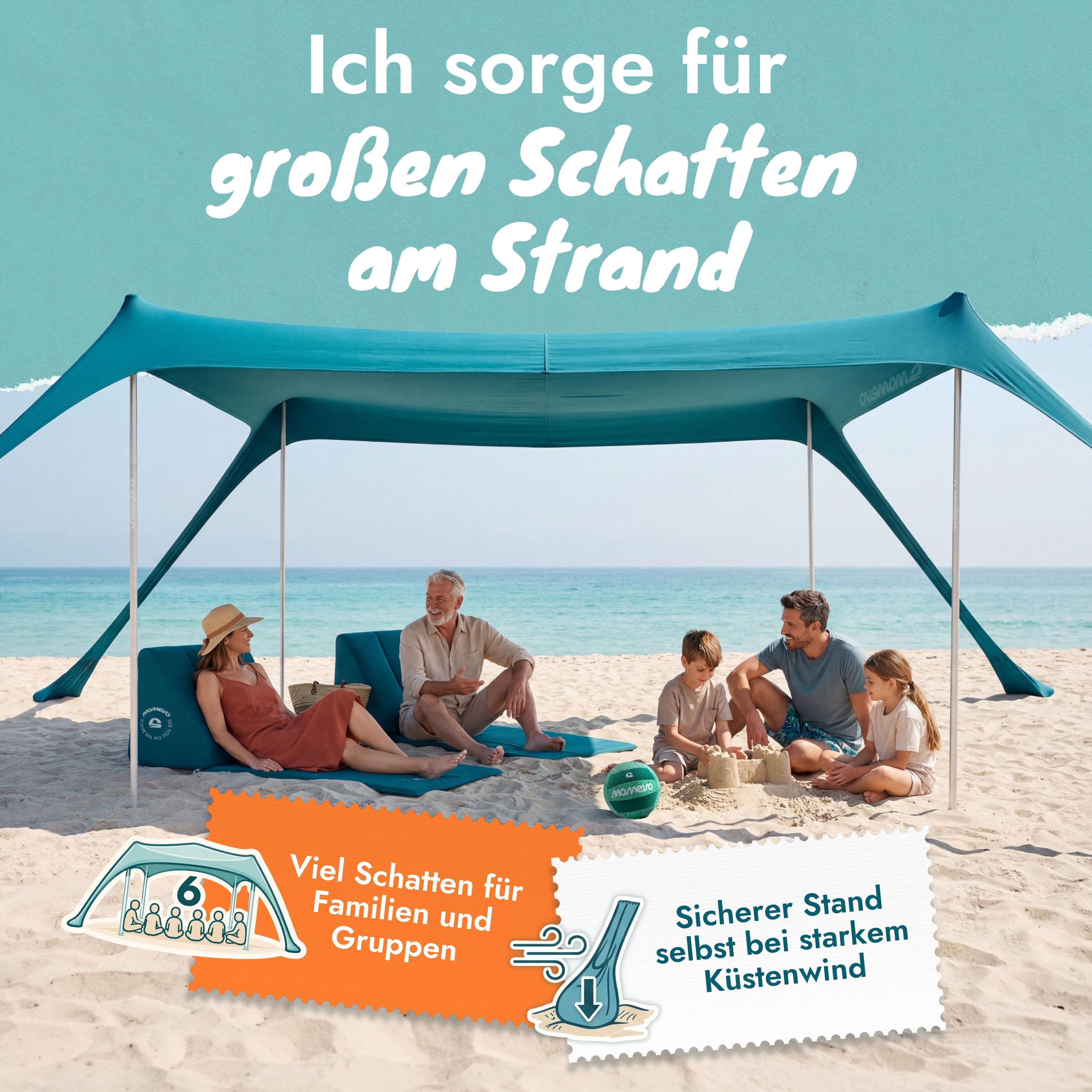 Momevo Strandmuschel Sunsail XL Strandzelt & XXL Strandmuschel für 6 Personen, Personen: 6