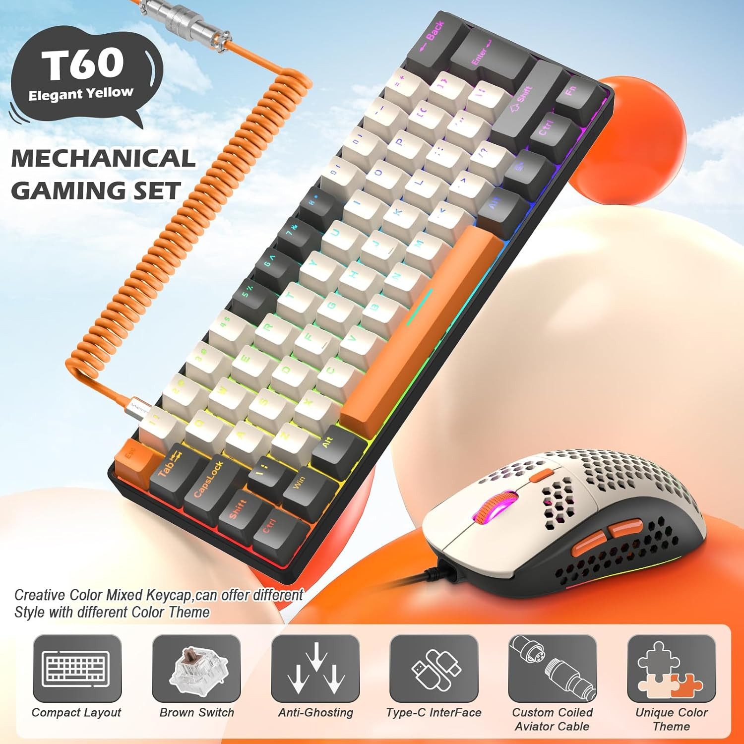 ZIYOU LANG 60% Gaming RGB 6400 DPI USB-C Tastatur- und Maus-Set, Mechanische Tastatur Maus Combo RGB Beleuchtung 6400 DPI PC Mac
