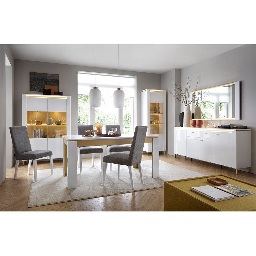 Lomadox Esszimmer-Set LUKA-129, (Spar-Set, 5-St., Sideboard Spiegel Esstisch Vitrine Vitrinenschrank), weiß mit goldfarbenen Akzenten