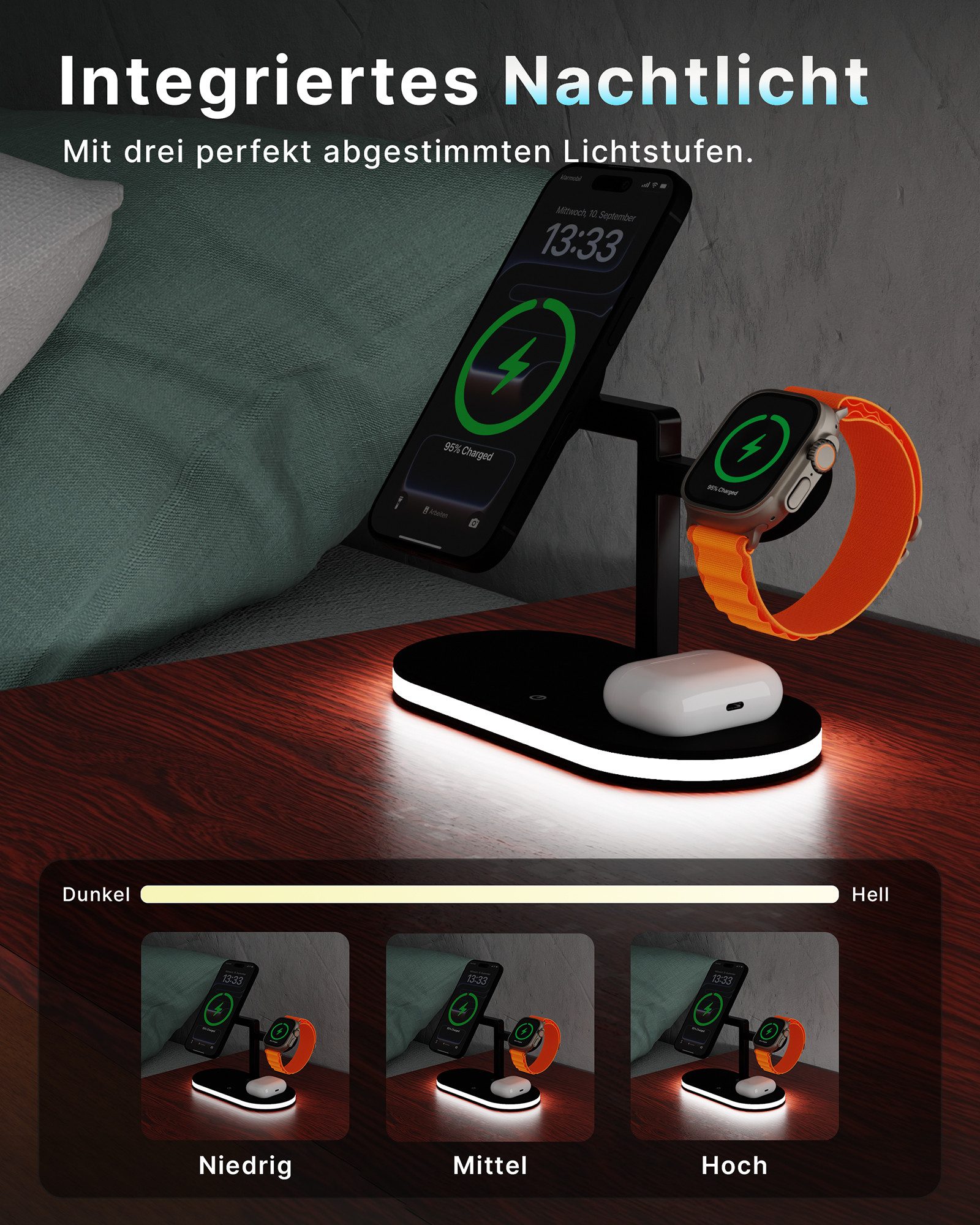 GreenHec Ladestation iPhone Apple Watch Induktiv LED-Licht Wireless MagSafe für Wireless Charger (3000 mA, Spar-Set, 3in1 PowerBase + USB-C Kabel + 20w Dual Cha – Bild 2 von 5
