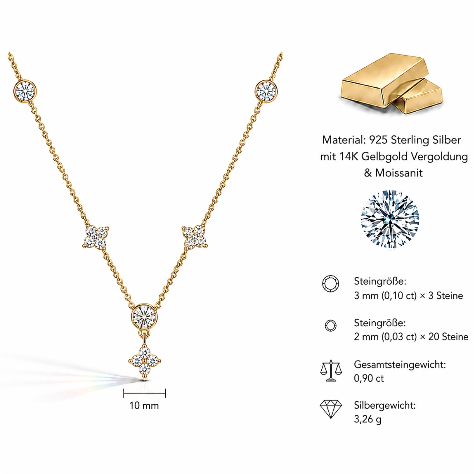 UNIQAL.de Silberkette VELVET BLOSSOM 925 Sterling Silber Moissanit Diamant Look 0,90 Karat (florales Clover Design, weißgold veredelt oder 14K vergoldet, inkl. Luxuriöse Schmuck Geschenkbox), Moissanit VVS1 Reinheit, GRA-Zertifikat, elegante Halskette für Damen