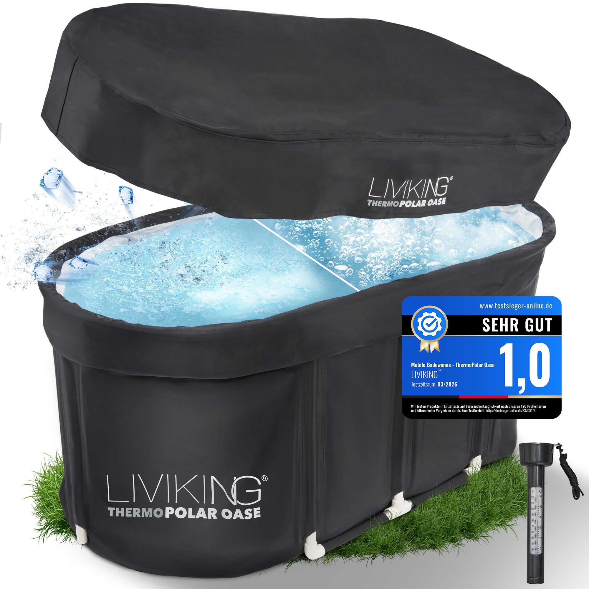 LIVIKING® Badewanne faltbar & Eisbad - 120cm KOMFORT - mobile Outdoor Badewanne Erwachsene, (KOMPLETTSET ThermoPolar Oase - ovale Sport Eistonne), ThermoPolar Isolierung, SolidShape Rahmen, Balkon Mini Pool Eisfass