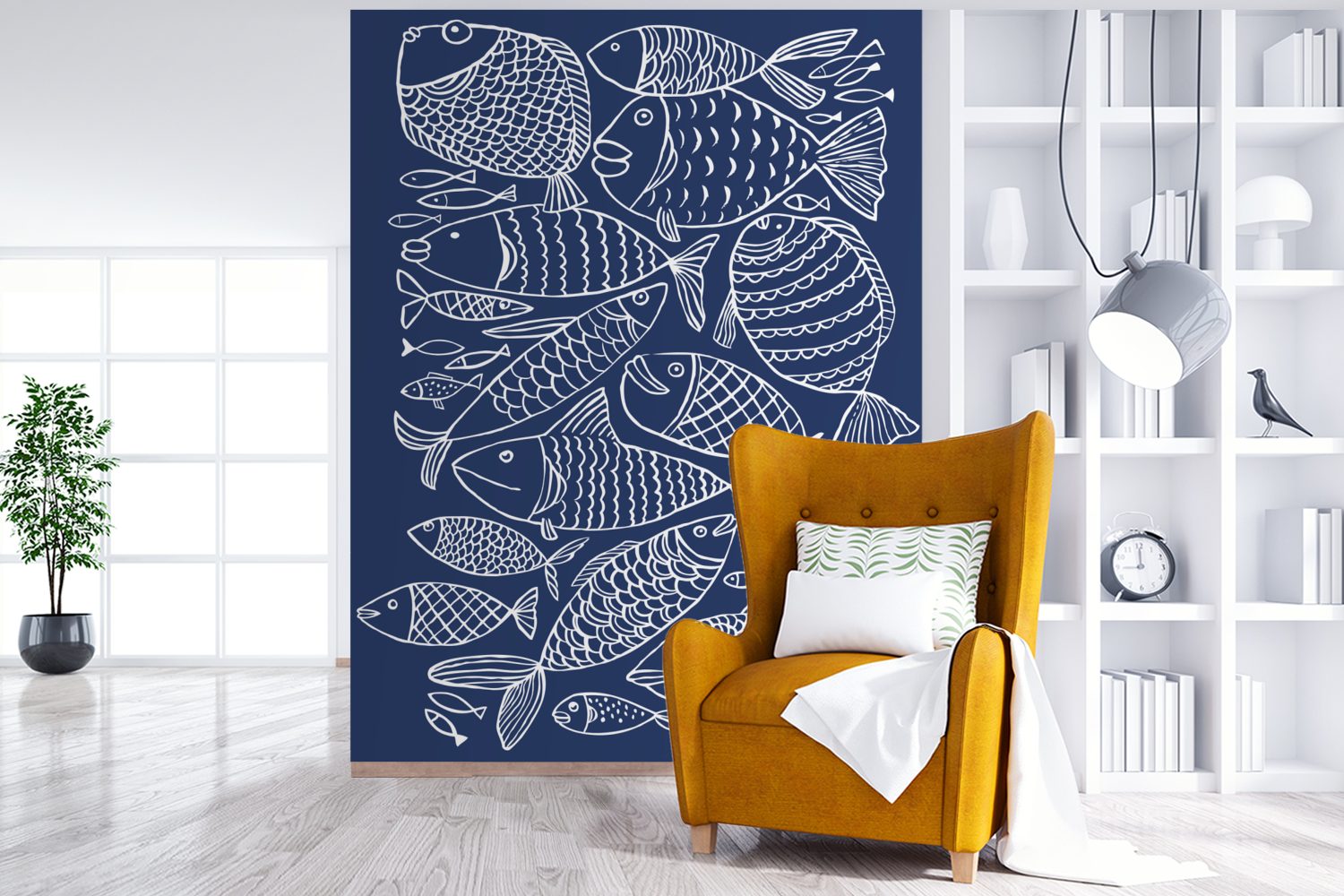 Fisches Wohnzimmer, Matt, St), Montagefertig für auf Tapete MuchoWow Illustration Wandtapete einem Hintergrund, bedruckt, dunkelblauen Fototapete (4 eines Vinyl