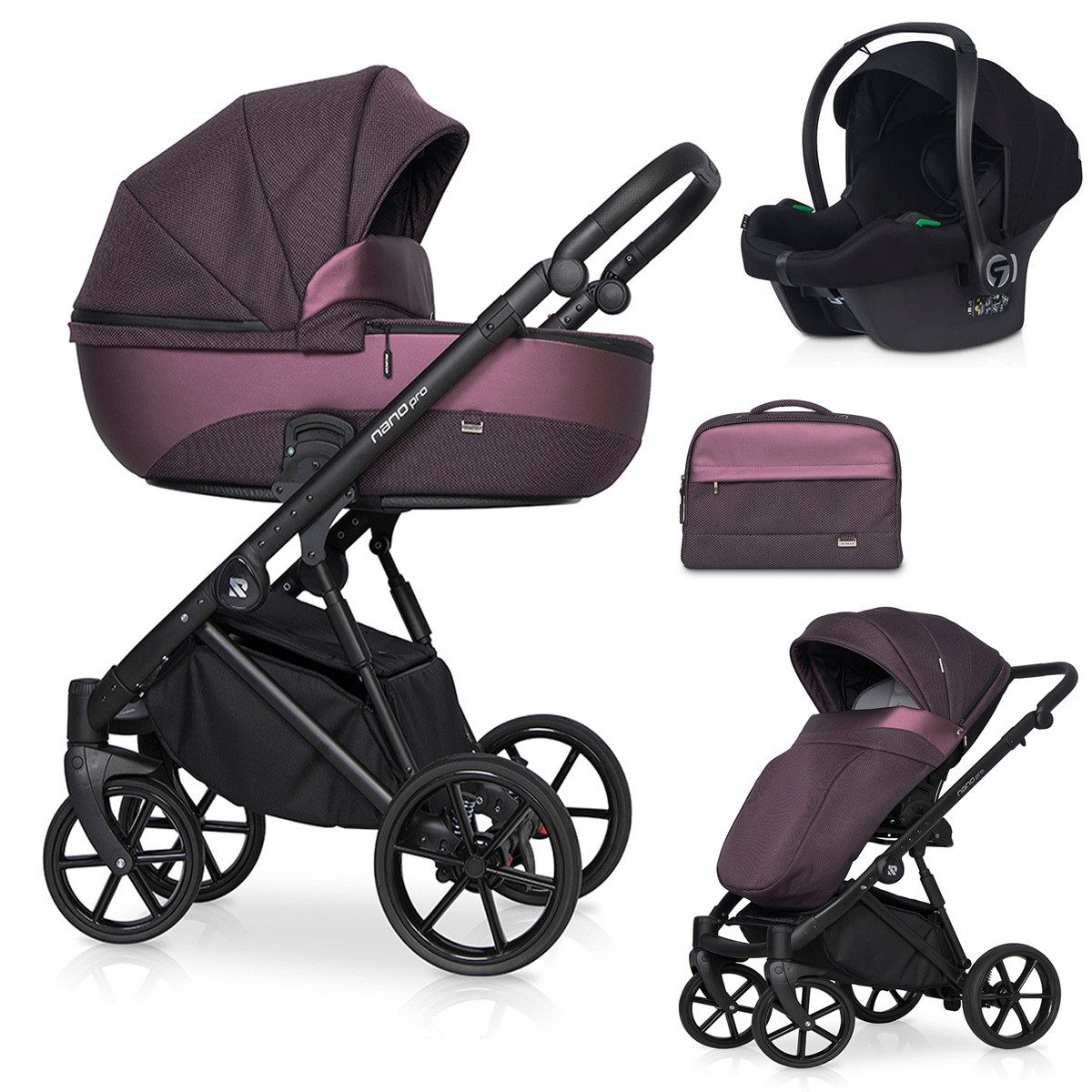 babies-on-wheels Kombi-Kinderwagen Nano pro 4 in 1 inkl. Sportsitz, Autositz und Zubehör in 6 Farben