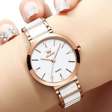 Tidy Quarzuhr Quarz Uhr Keramik- armband Luxus elegante Damen Weiß /Rose