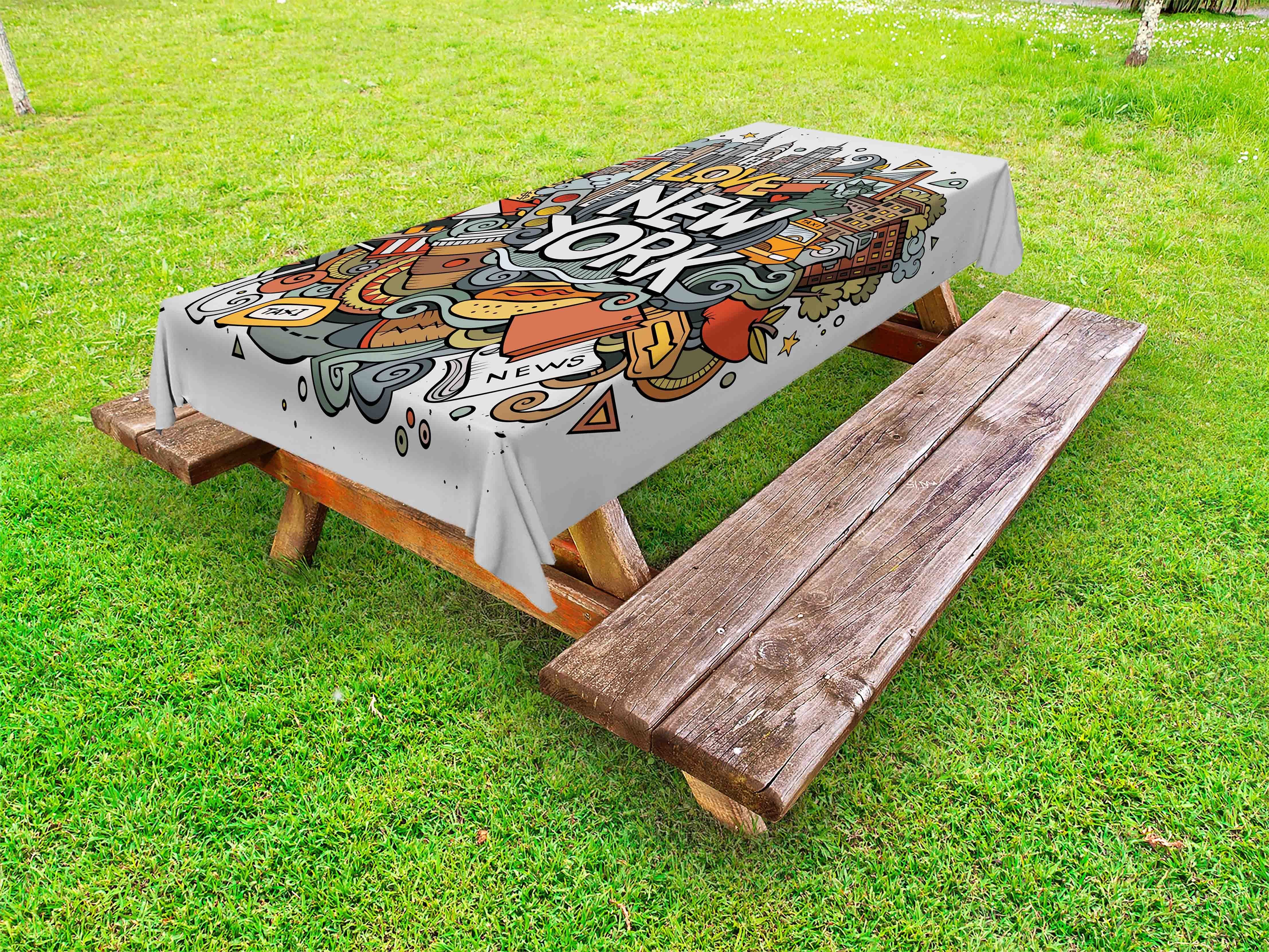 Picknick-Tischdecke, Symbole Taxi waschbare Doodle Tischdecke York NY Abakuhaus dekorative New