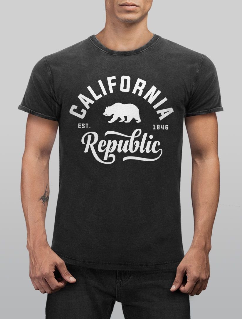 Neverless® California Fit Bär T-Shirt schwarz Shirt Cooles Vintage Slim Aufdruck Neverless Look Print mit Angesagtes Herren Print-Shirt Republic Used