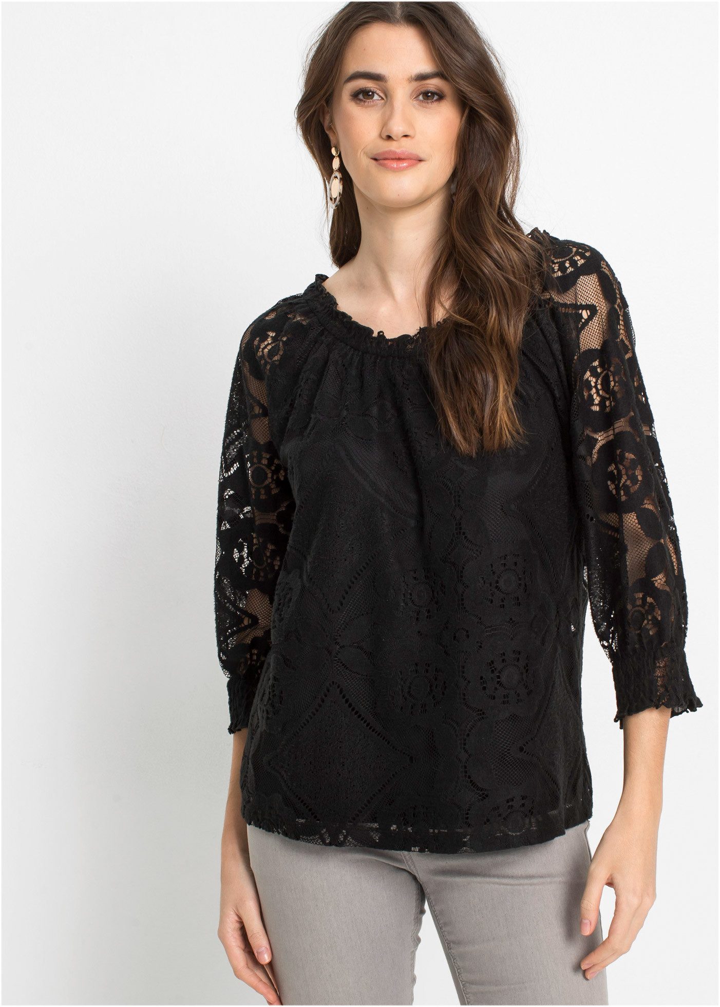 bonprix Carmenshirt bequeme Passform, 3/4-Ärmel, mit Spitze im Lagen-Look