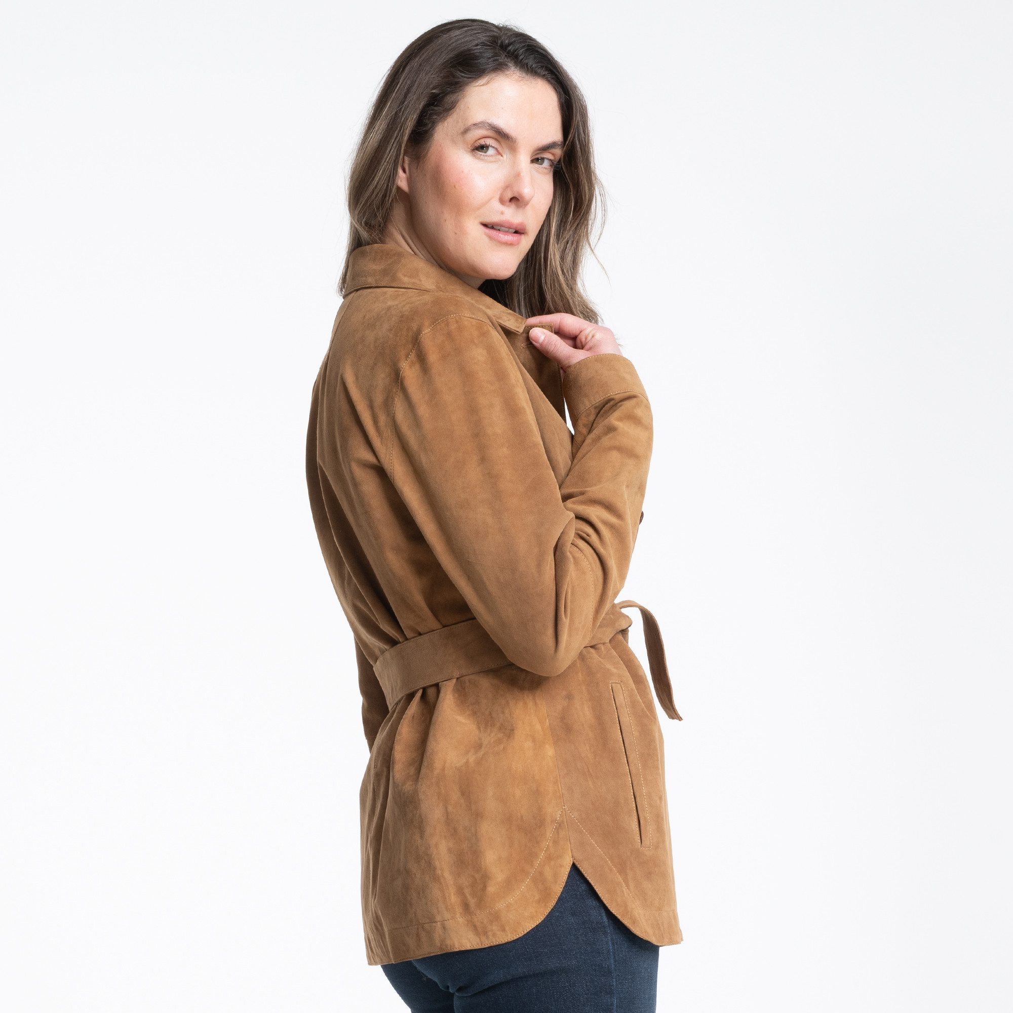 Mouflon Lederjacke Samira Echtes Ziegenveloursleder in warmes Tabakbraun günstig online kaufen