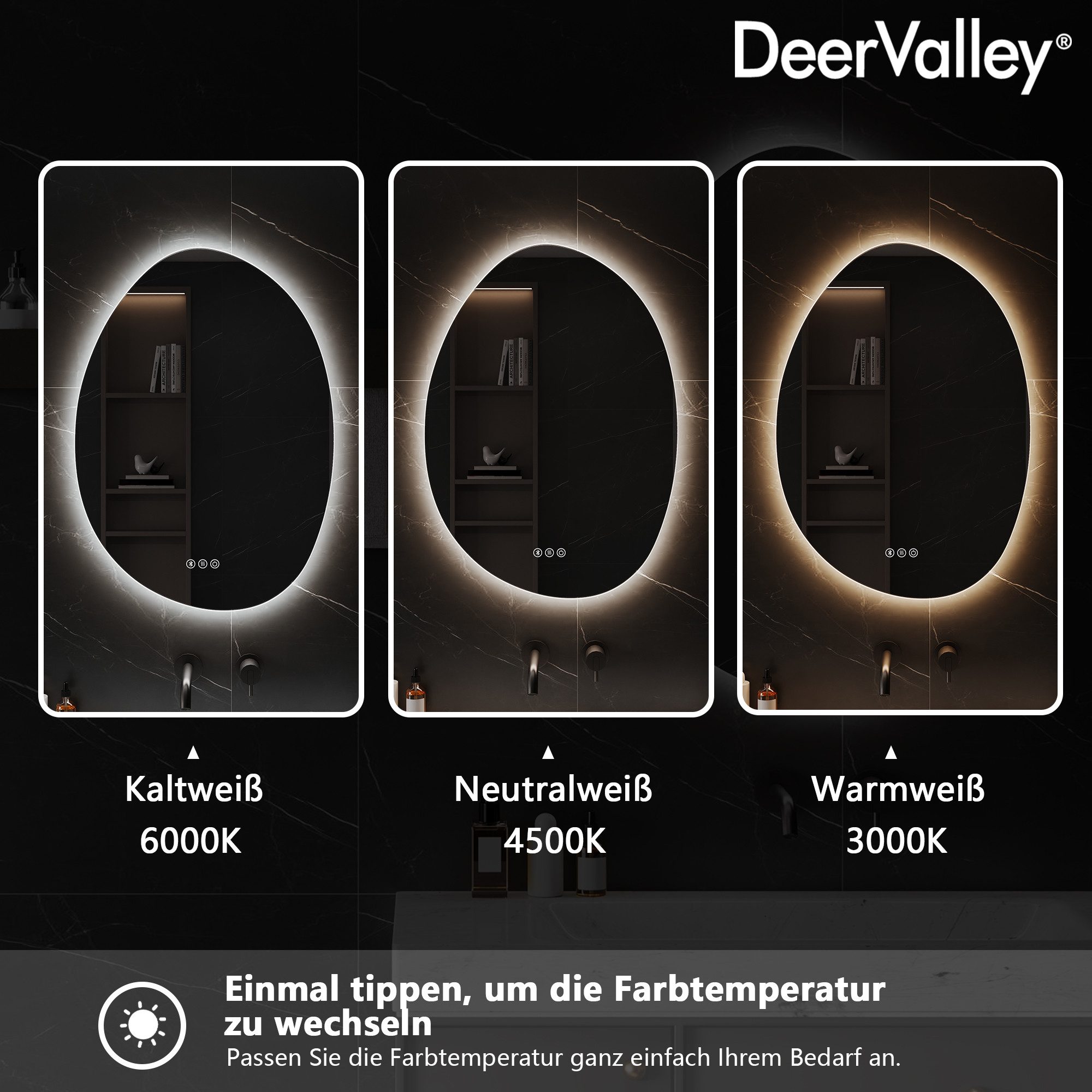 DeerValley LED-Lichtspiegel DeerValley Badezimmer Wandspiegel, Antibeschlag, Bluetooth Lautsprecher automatische Abschaltung energiesparend – Bild 5 von 5