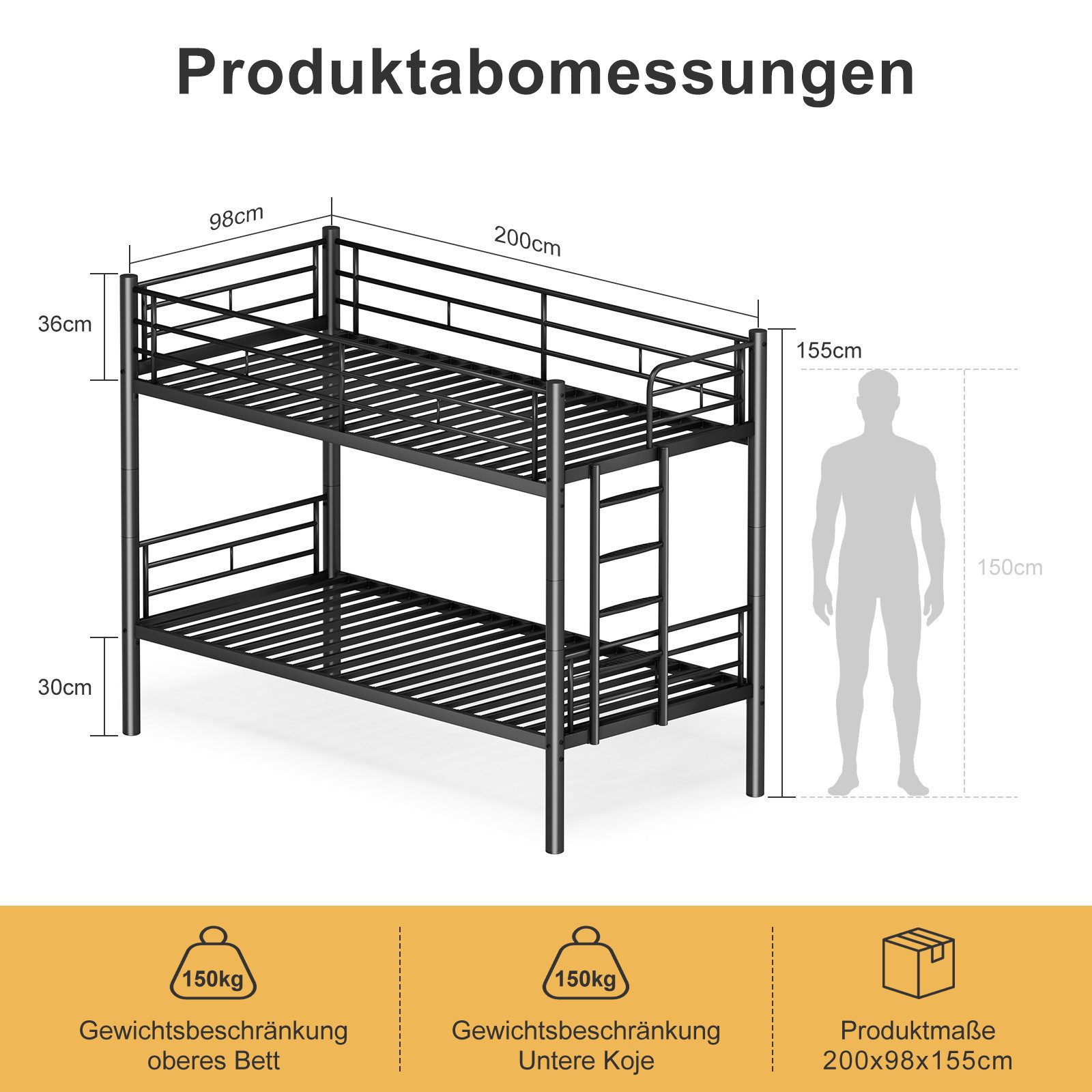 Drenice bunk bed 90x200cm, children's beds 90x200cm, iron bed, convertible to 2 single beds (Bunk Bed Kids with safety rail, convertible to 2 single beds), bunk bed with slatted base and anti-slip stairs, black