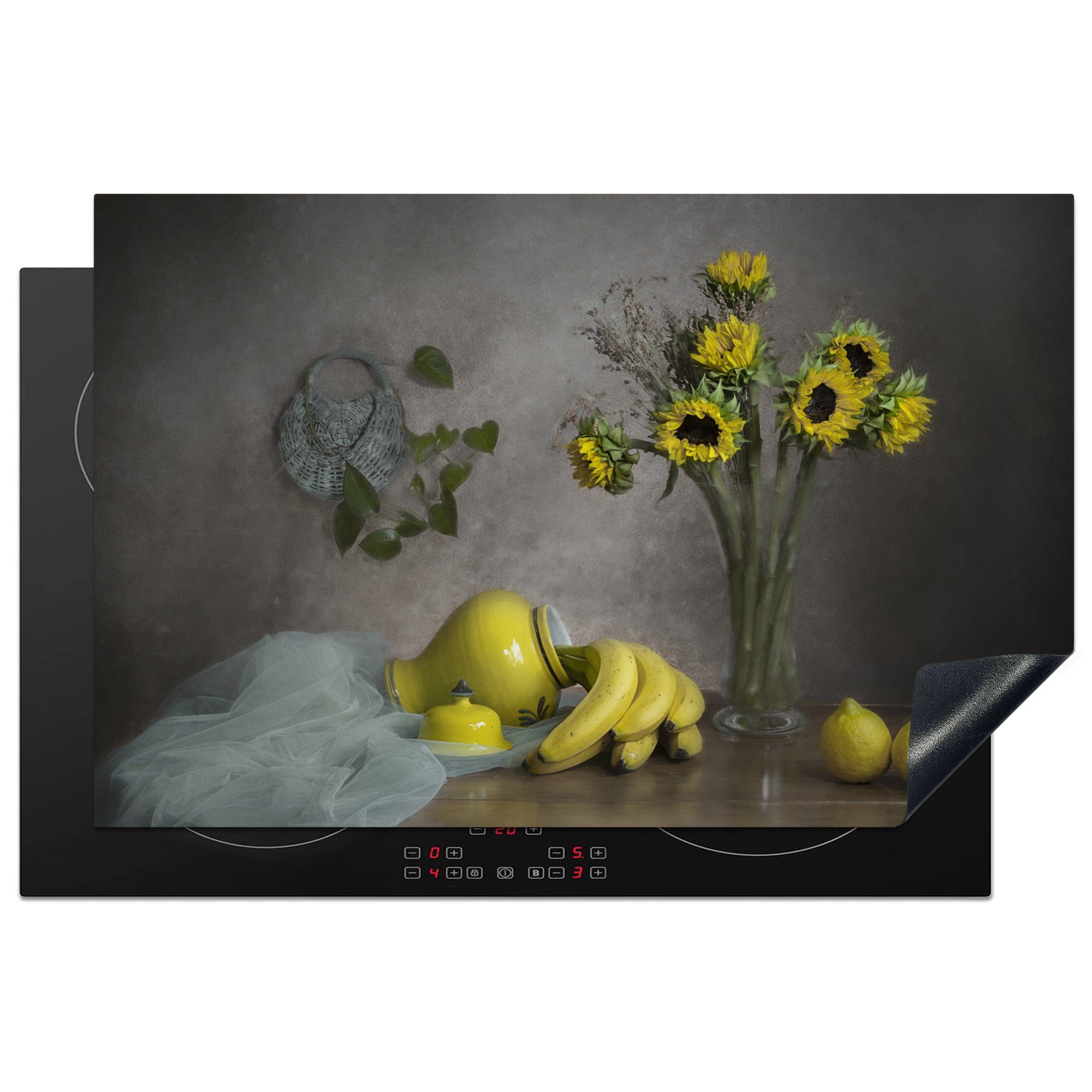 Bananen 81x52 - Sonnenblumen - - Vinyl, küche, cm, die Kunst, Malerei - Schutz MuchoWow tlg), Stilleben für Vase Herdblende-/Abdeckplatte - (1 Ceranfeldabdeckung Obst - Induktionskochfeld