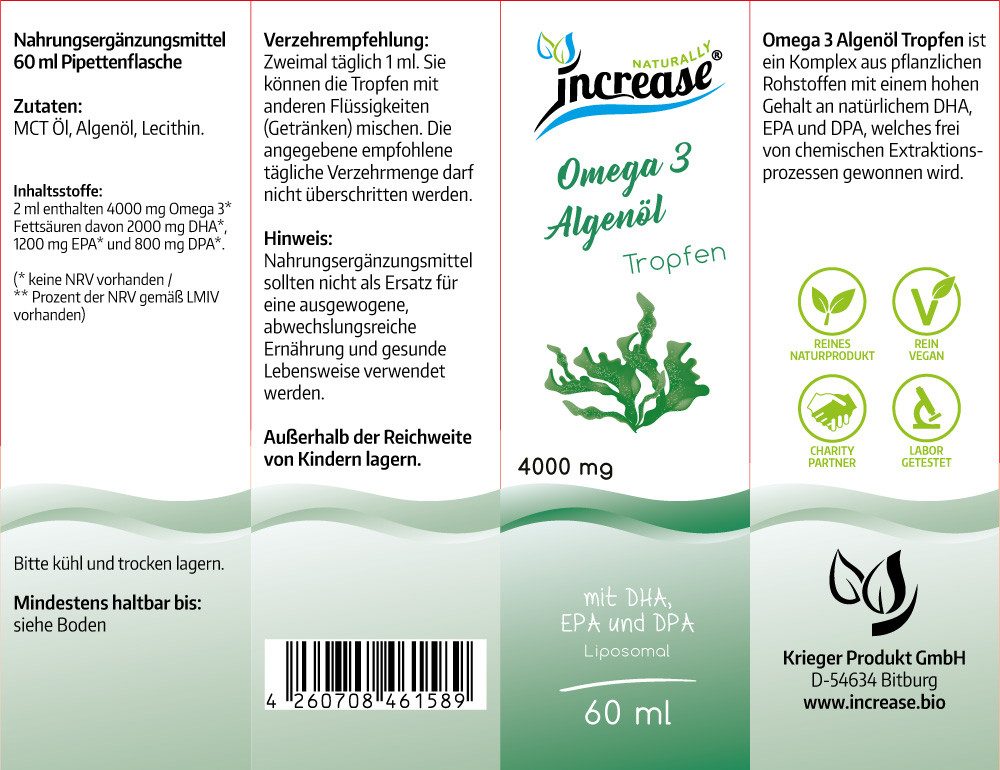 increase NATURALLY Nimm 3, zahl 2 Liposomales Omega 3 Algenöl 4000mg pro Tag Tropfen, 180 ml