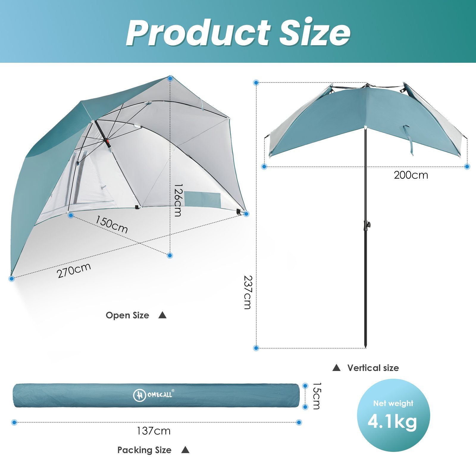 UV-resistentes für umbrella HOMECALL Khaki, zum 2-3 Strandschirm, mit 50+ Umfunktionieren Personen Sonnenschirm Blau system Strandmuschel