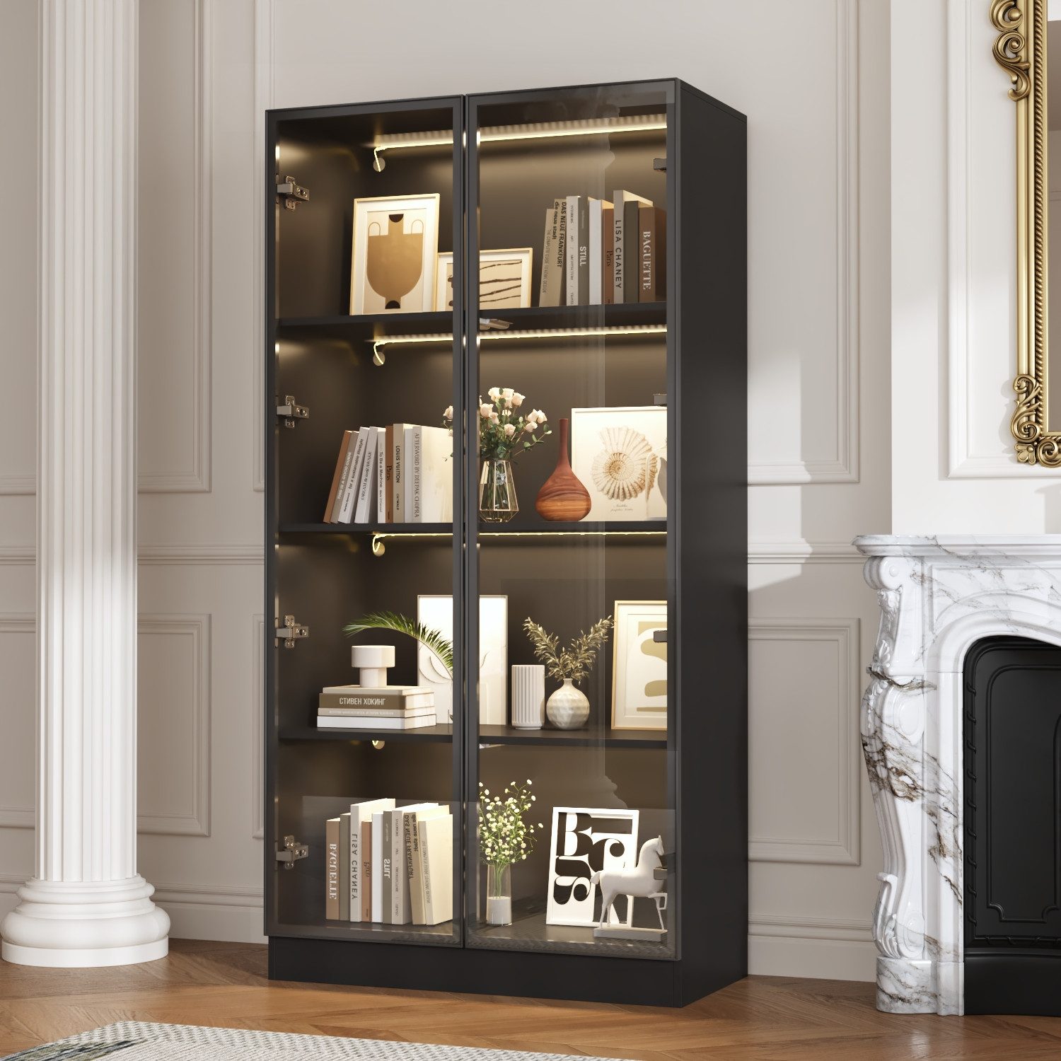 FUFU&GAGA Glasvitrine Vitrine mit Glastüren und LED-Beleuchtung, MDF+Glas, 80×40×160 cm