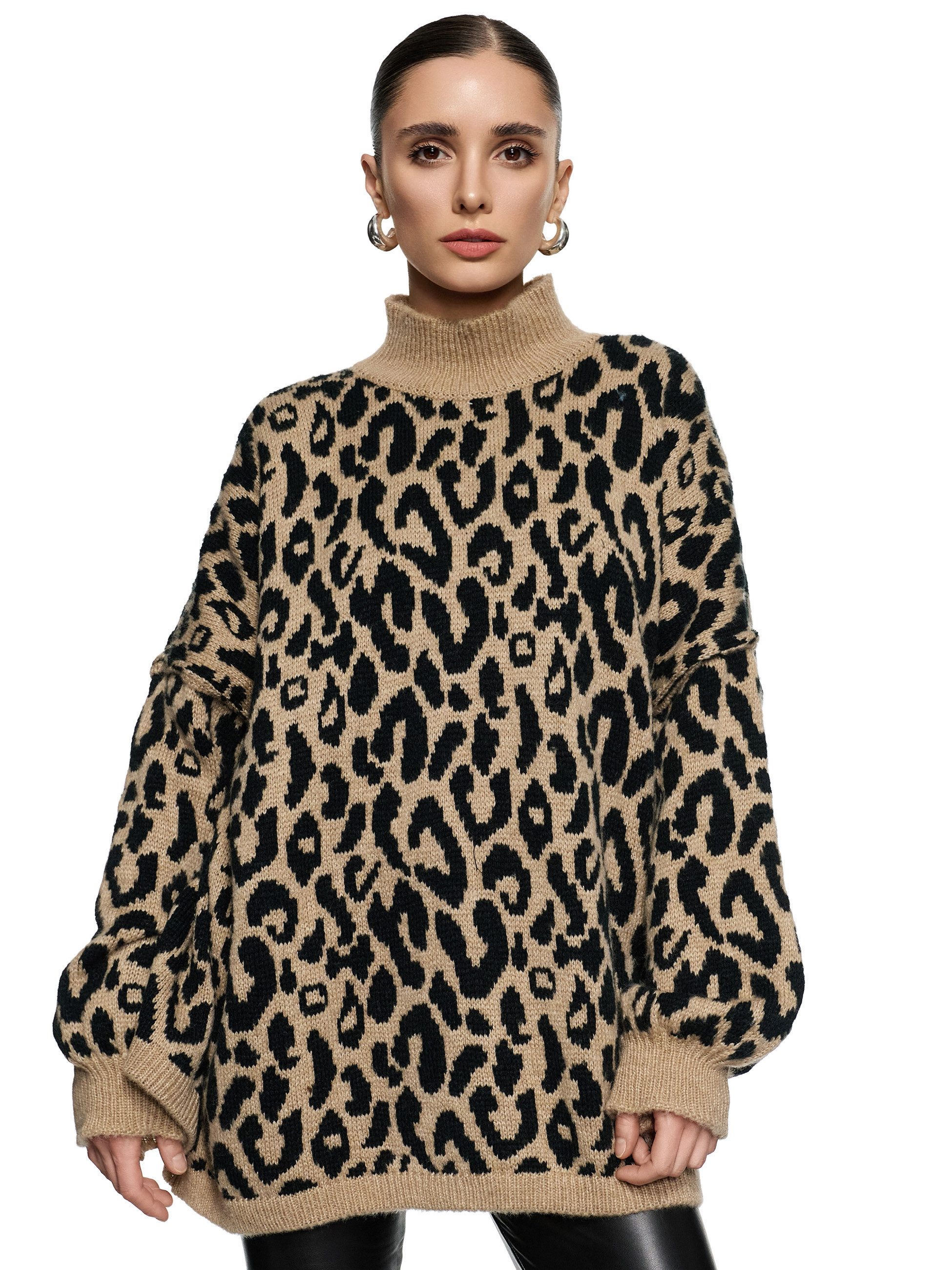 Longpullover WORLDCLASSCA Damen Oversize Strickpulllover Lang Leopard Muster