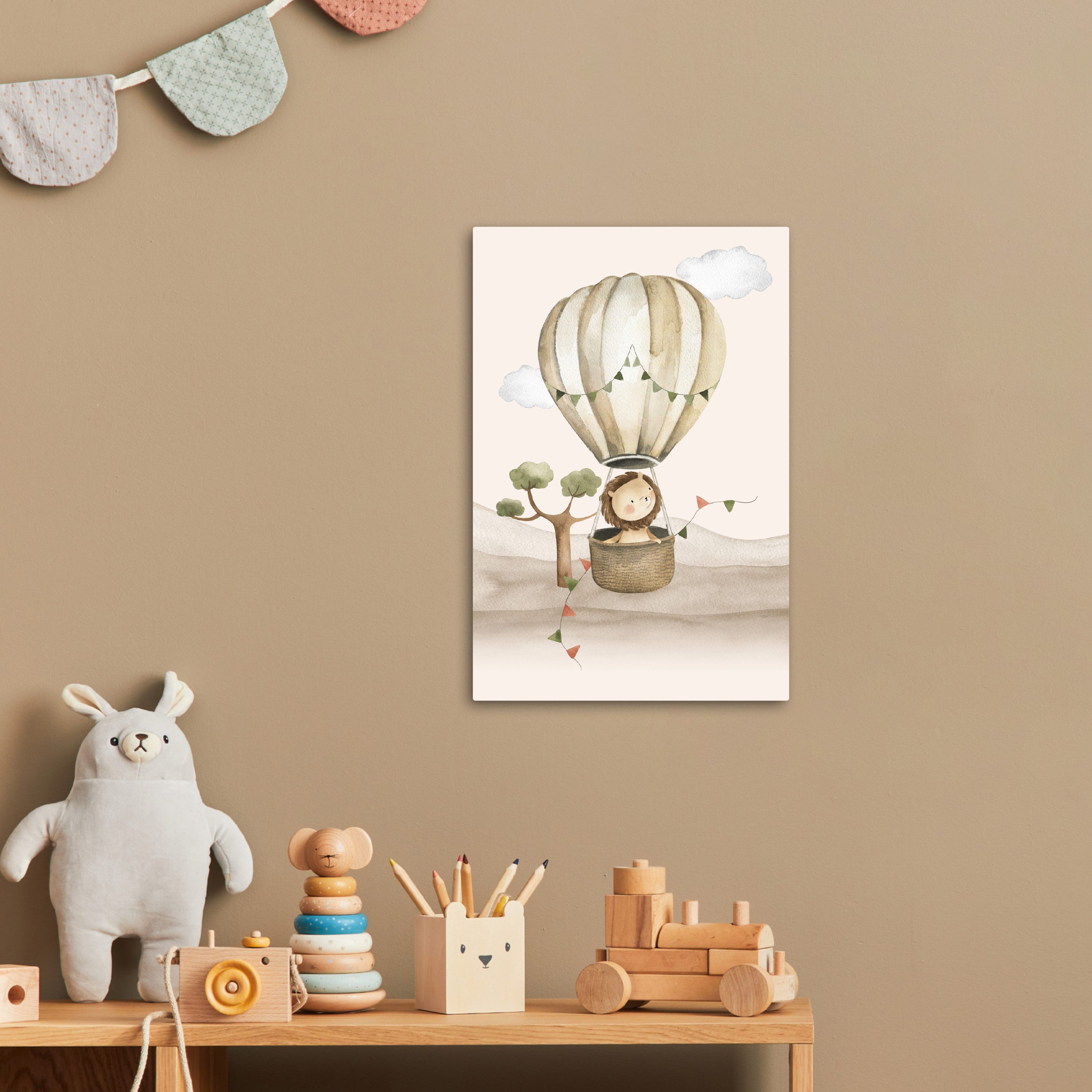 OneMillionCanvasses® Leinwandbild Heißluftballon - Löwe - Aquarell - Safari - Tiere, Fotodruck (1 St), Kinderzimmer Deko, Mädchen und Jungen Bilder 20x30 cm