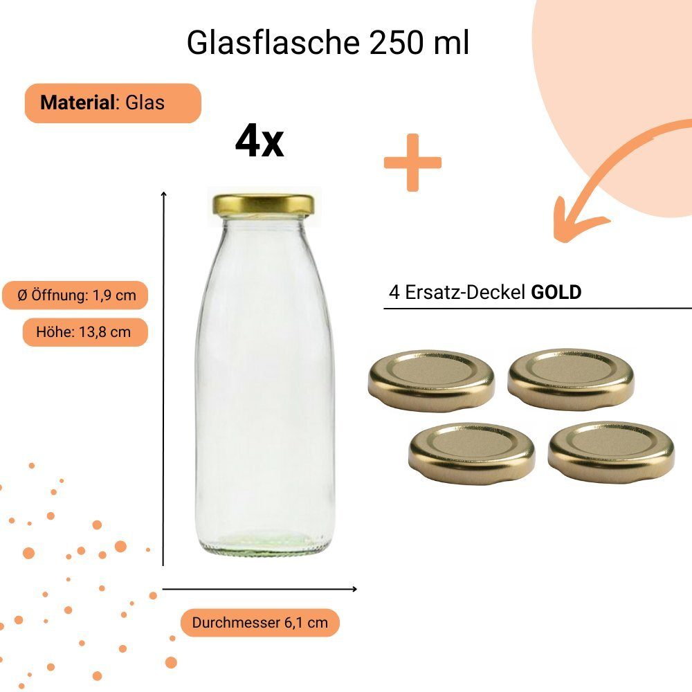 mikken Trinkflasche 4x Milchflasche 250 ml mit Schraubdeckel plus 4 Ersatzdeckel, Inhalt 250 ml, große Öffnung
