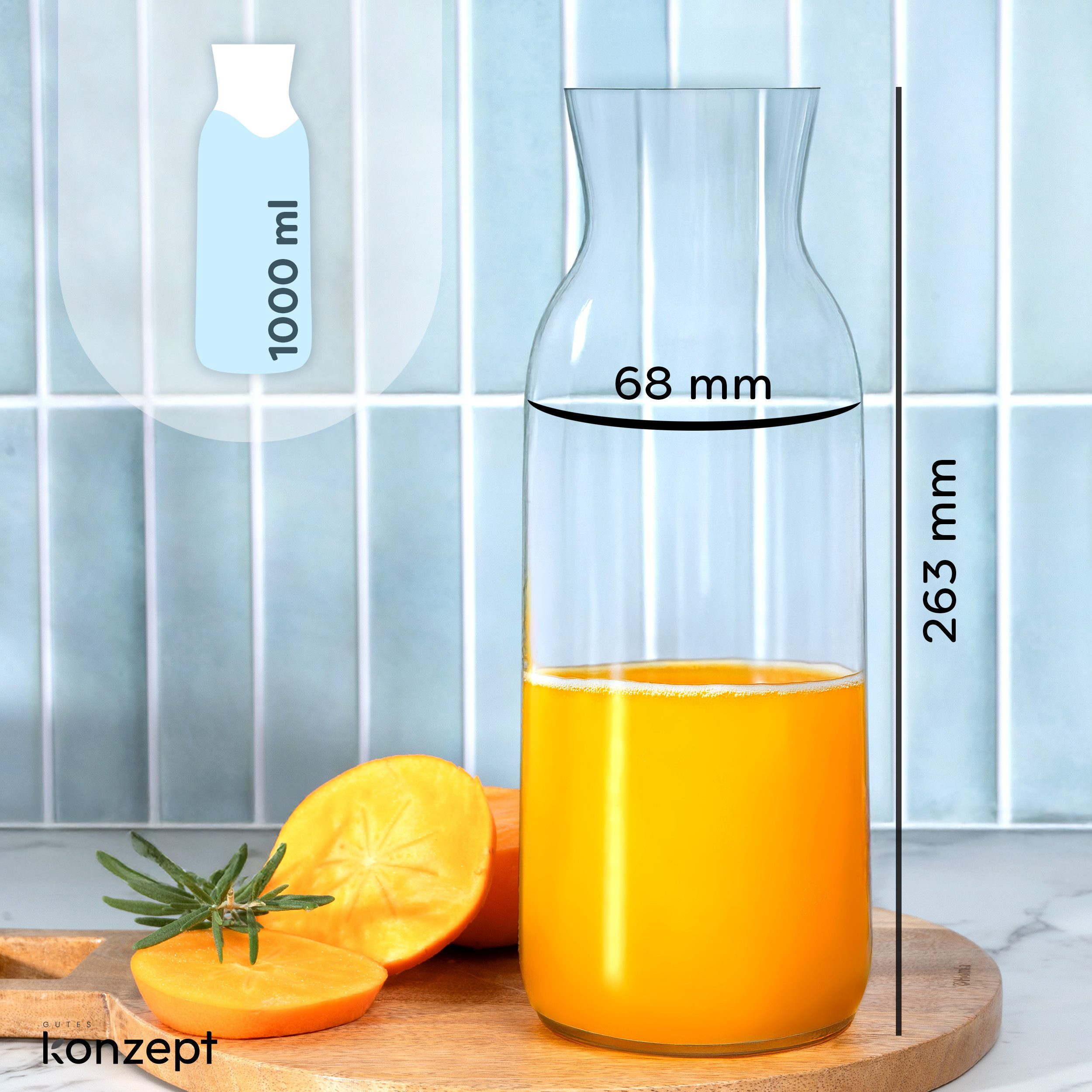 KONZEPT Wasserkaraffe Karaffe Glaskaraffe Transparente 1 Liter, (3-tlg), ideal für Wasser, Saft, Wein, Limonade, Coctails und Milch