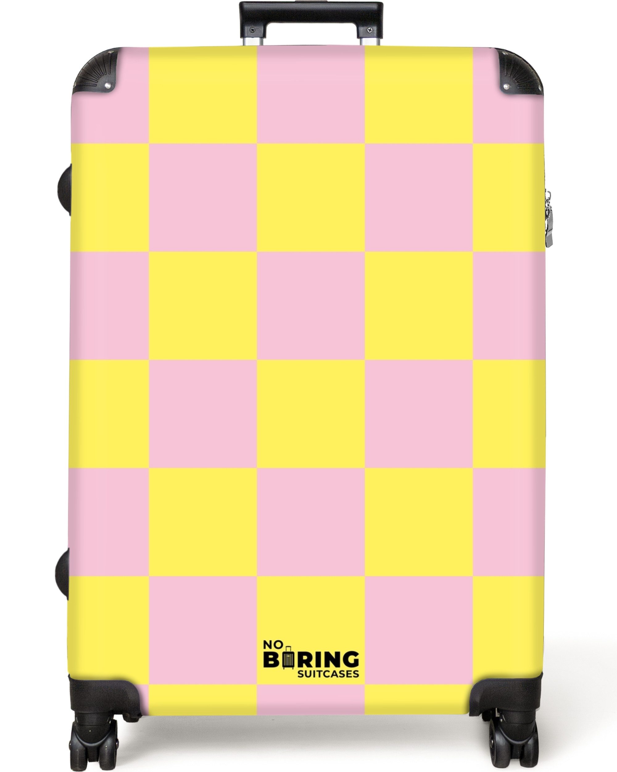 NoBoringSuitcases.com© Hartschalen-Trolley Gelb mit rosa Schachbrettmuster günstig online kaufen