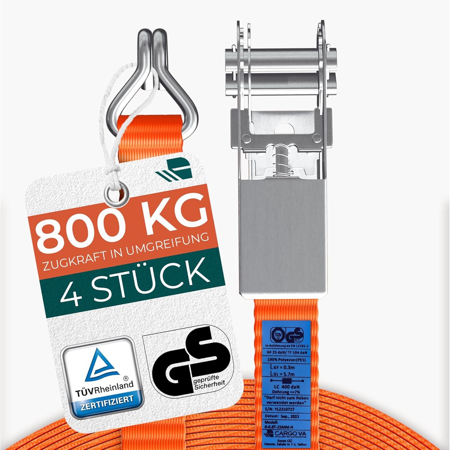 CargoVA® Spanngurt Robuste 800kg Spanngurte [4er Set] - TÜV/GS Zertifiziert & DIN (Spanngurt-Set, 4er Set) DIN EN 12195-2 konform, 25 mm Breite