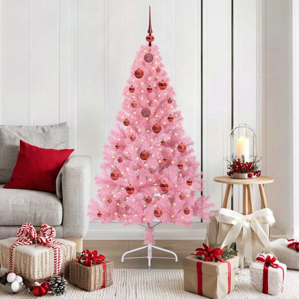 furnicato Künstlicher Weihnachtsbaum Rosa 150 cm mit warmweißen LED-Lichtern, UV-beständige Tanne mit 61 Kugeln, Baumspitze und 8 Blitzmodi