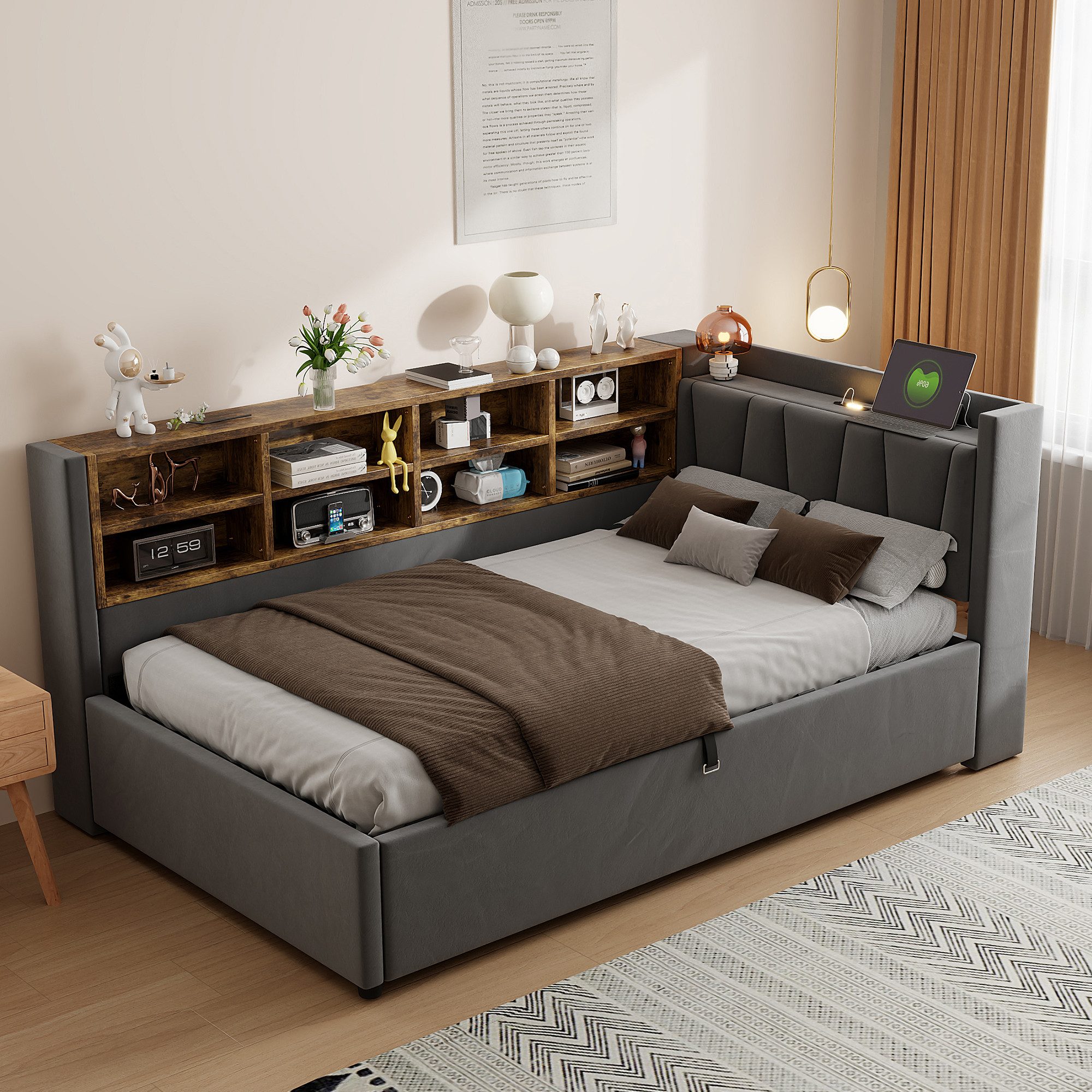 Celya Polsterbett Schlafsofa 90*200 cm, Mit Hydraulischem Stauraum (Multifunktionsbett, Samtstoff, Ohne Matratze, Mit Nachtlicht, USB- und Typ-C-Ladeanschluss), Mit Ablagen und Staufächern, Gepolstertes Kopfteil